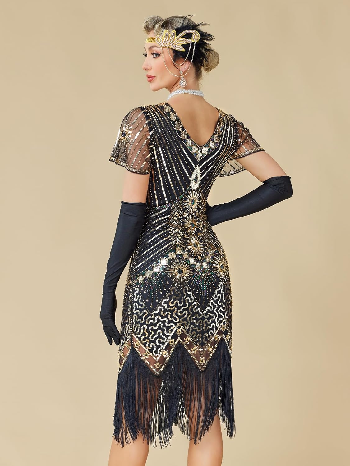 1920s Flapper Dresses for Women, Great Gatsby Dresses Roaring 20s, Sheer Beaded Sleeves Costume with 20s accessories - Image 3