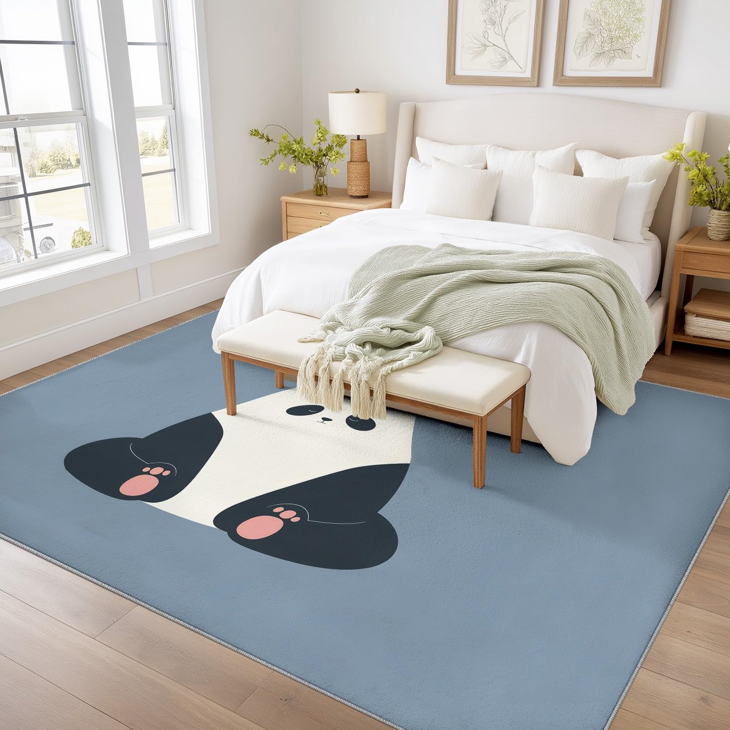 Generisch Tappeto per soggiorno lavabile, a pelo corto, antiscivolo, accogliente con panda e orsacchiotto, per soggiorno, camera da letto, cameretta dei bambini, 80 x 120 cm, blu