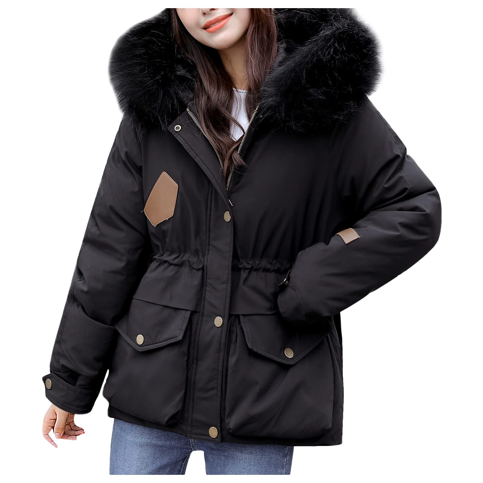 Chaqueta de invierno para mujer, moderna, cálida, acolchada, cortavientos, de piel sintética, parka con capucha, bolsillo corto, parka para exteriores, cortavientos, M - XXL