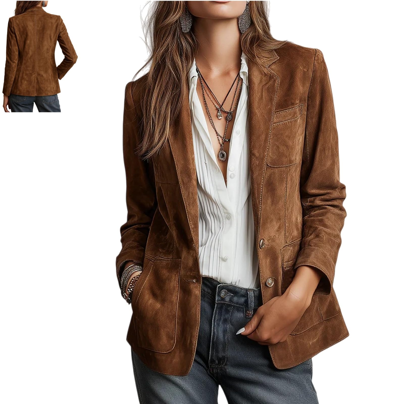 Leder-Blazer für Damen, Vintage-Stil, Wildlederimitat, Retro-Kontrastnähte, umweltfreundliche Wildlederjacke, Arbeit, Freizeit, Herbstmäntel