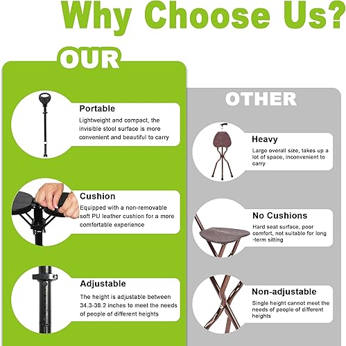 Miniatura 4 de ALEVMOOM Bastón plegable con asiento para hombres y mujeres, silla portátil de caña de carga máxima de 440 libras, bastón con asiento para personas