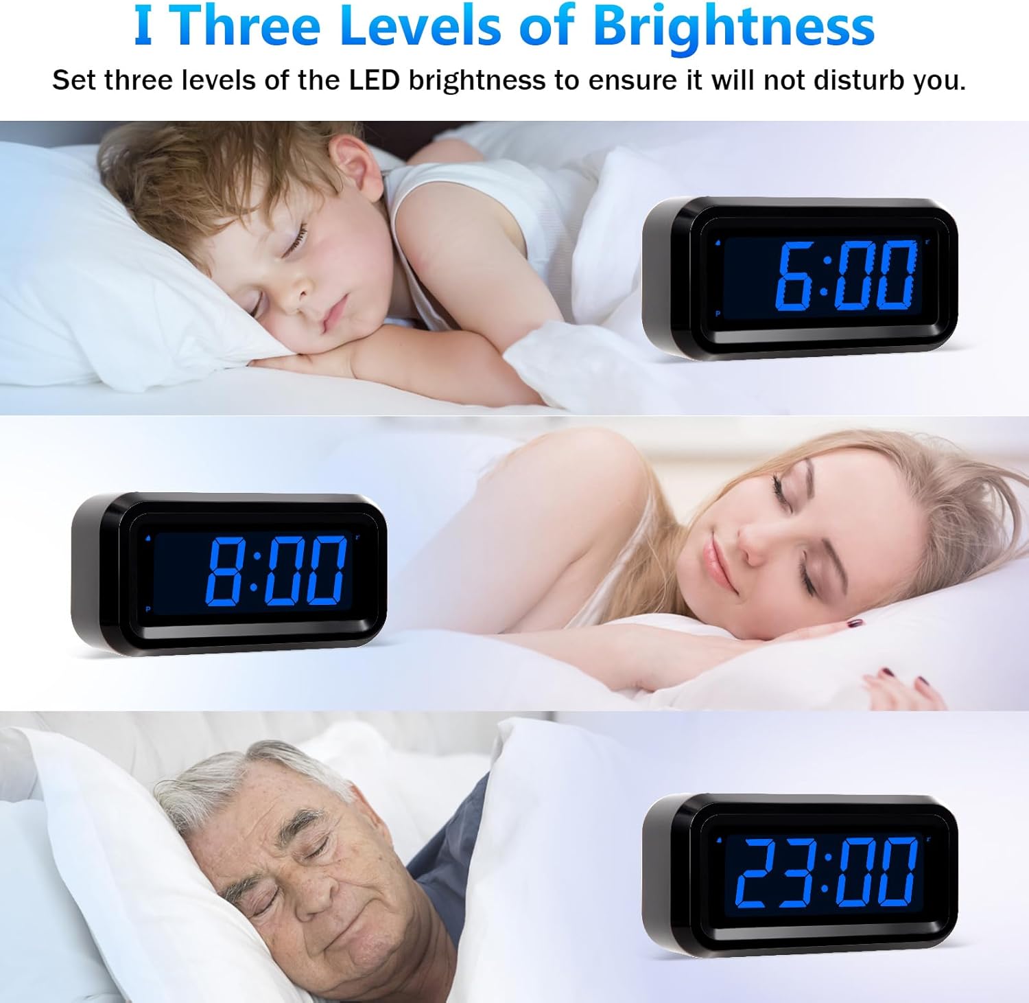 Three images showing the Timegyro Digital Alarm Clock display at different brightness levels, from bright to dim, with people sleeping in the background