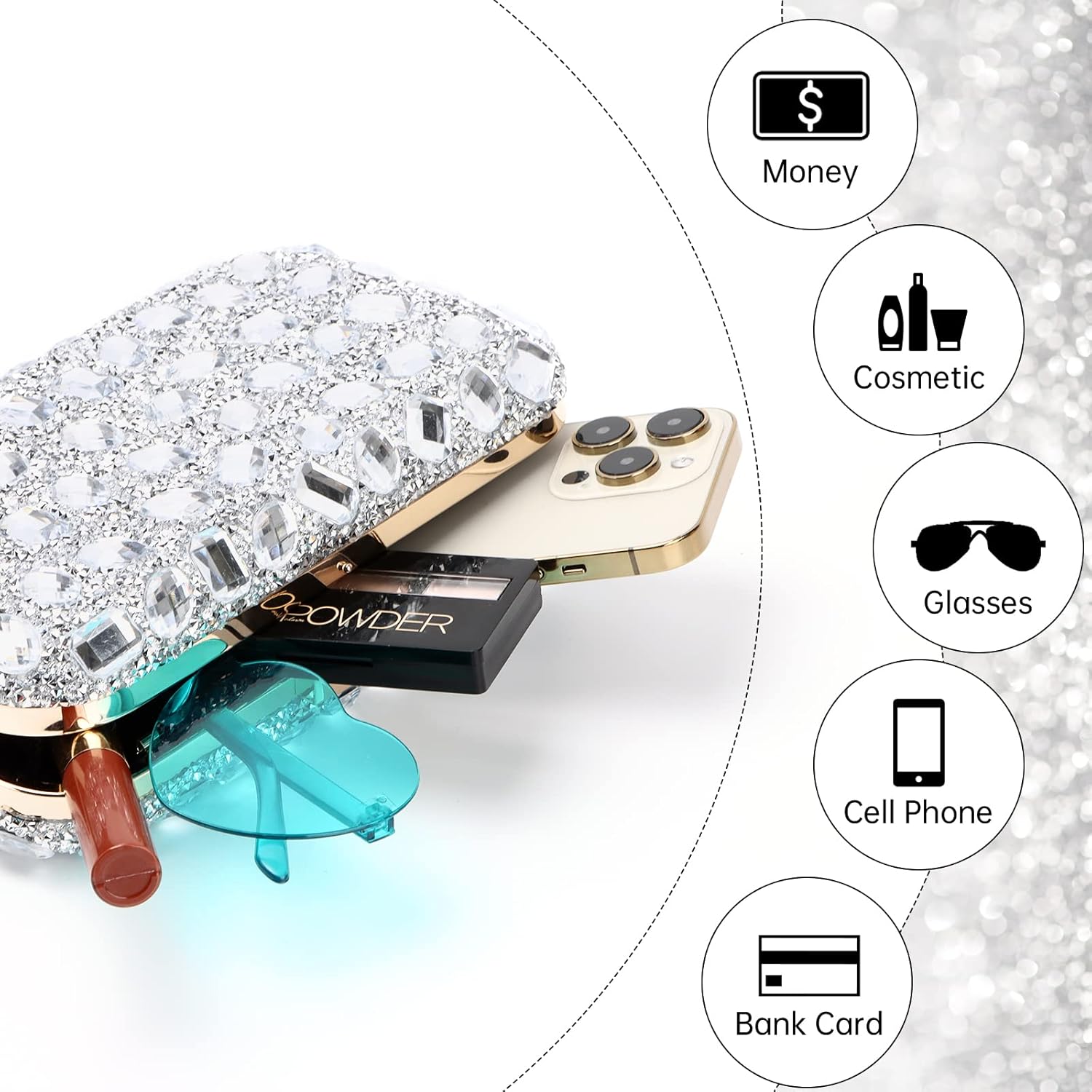 Fecialy Clutch Purses For Women Crystal Evening Bag Gemstone Handbag Formal Rhinestone Purse For Wedding Party