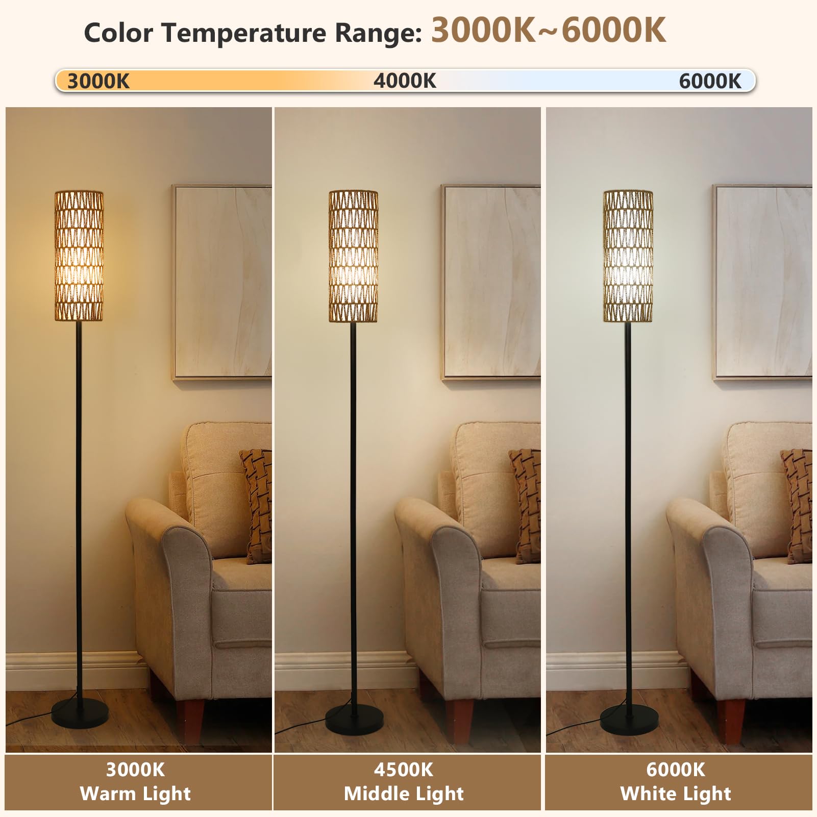 Rayofly Rattan Stehlampe Dimmbar für Wohnzimmer - Mit Fernbedienung, App-Steuerung, Boho-Design, Rattan & Leinen Lampenschirm, Schwarz - Für Schlafzimmer, Büro (Glühbirne Inklusive)