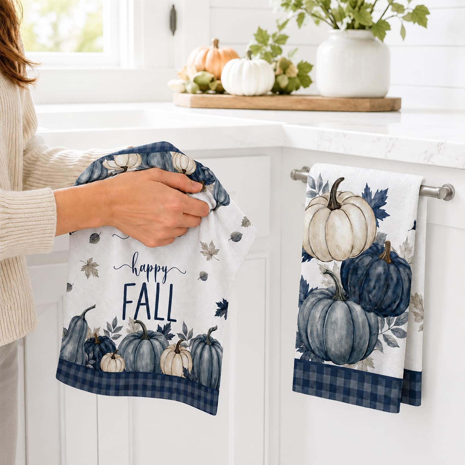 tineit Fall Kitchen Towel, 4 Piece with Blue Pumpkin Art | Soft and Absorbent Fall Dish Towels, Blue Pumpkin Autumn Print, Perfect for Farmhouse Kitchen, Great for Daily Use