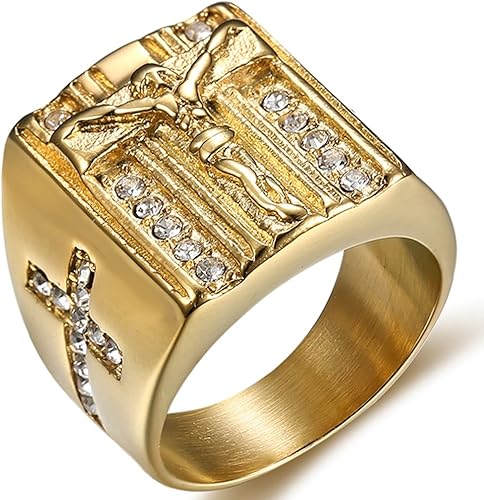 Joyeros Jude - Anillo de acero inoxidable con cruz cristiana de Jesús