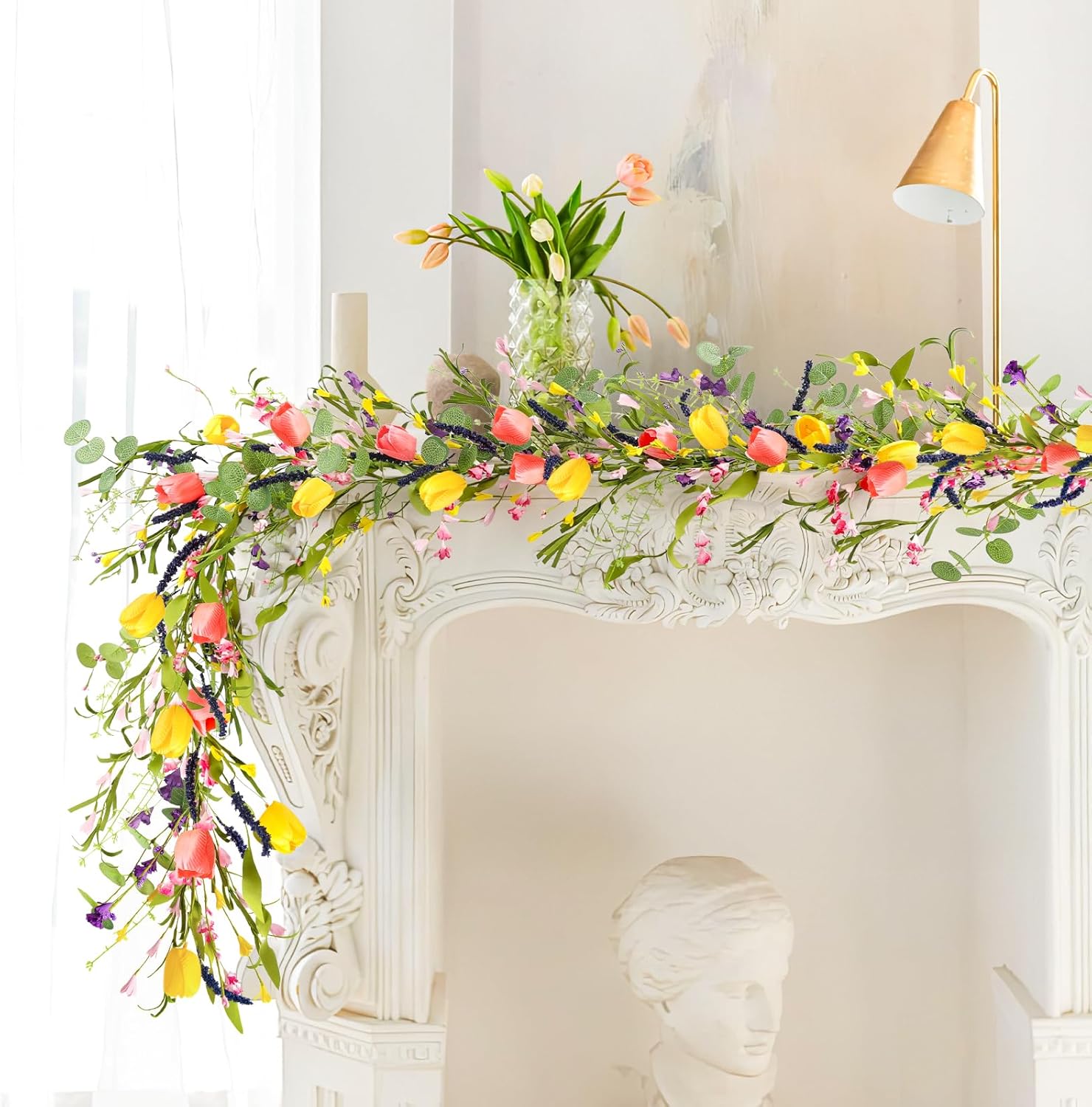 HOHOTIME 6FT Tulip Flower Garland with Eucalyptus, Artificial Spring Floral Vines for Mantle Wedding Porch Staircase Indoor Decor, Fake Wildflower Home Decoration