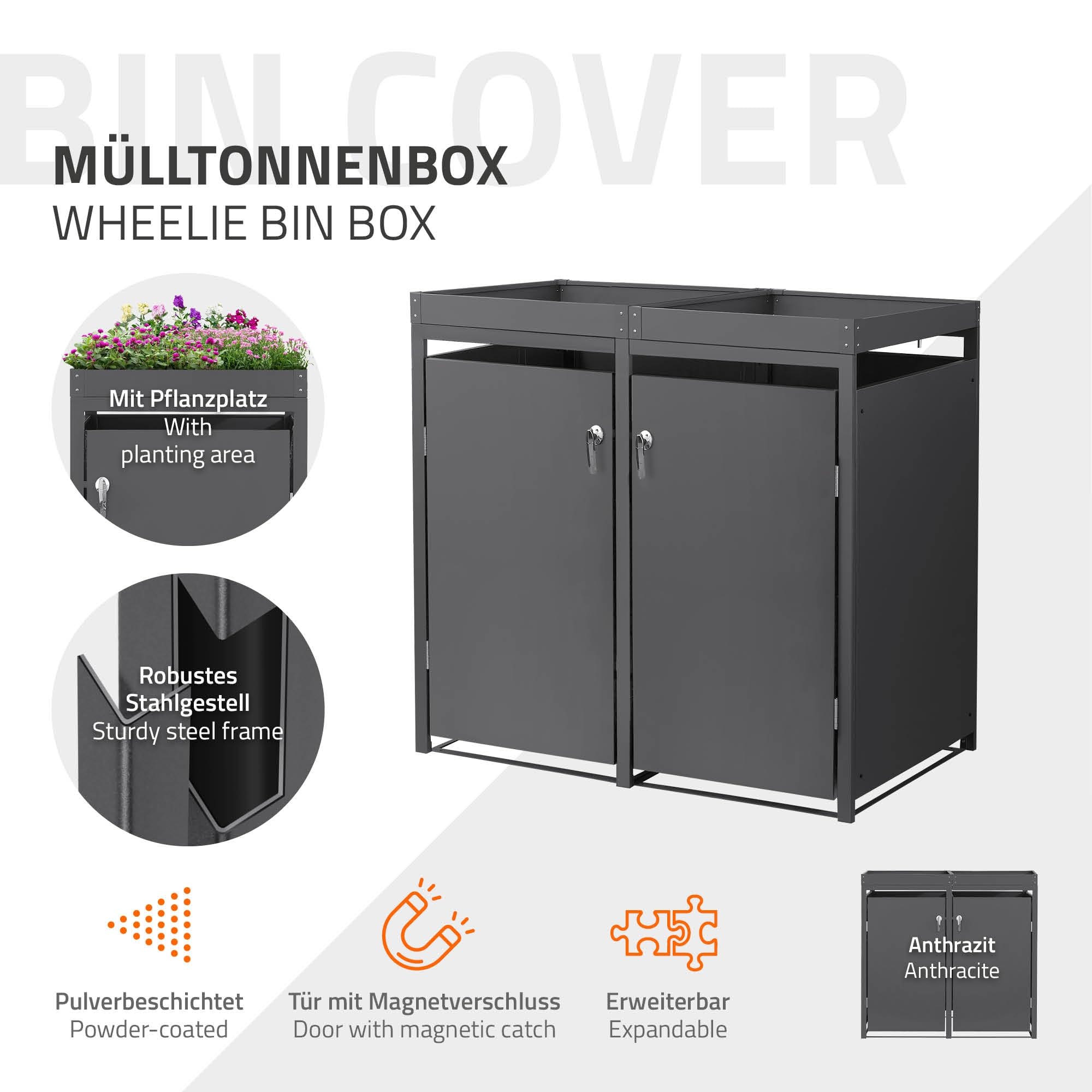 ML-Design Mülltonnenbox 2er 240L mit Pflanzdach, Mülltonnenverkleidung für 2 Mülltonnen, Müllbox wetterfest, Mülltonnenhaus aus Stahl, Müllcontainer mit abschließbarer Tür, 132x80x124 cm, Anthrazit