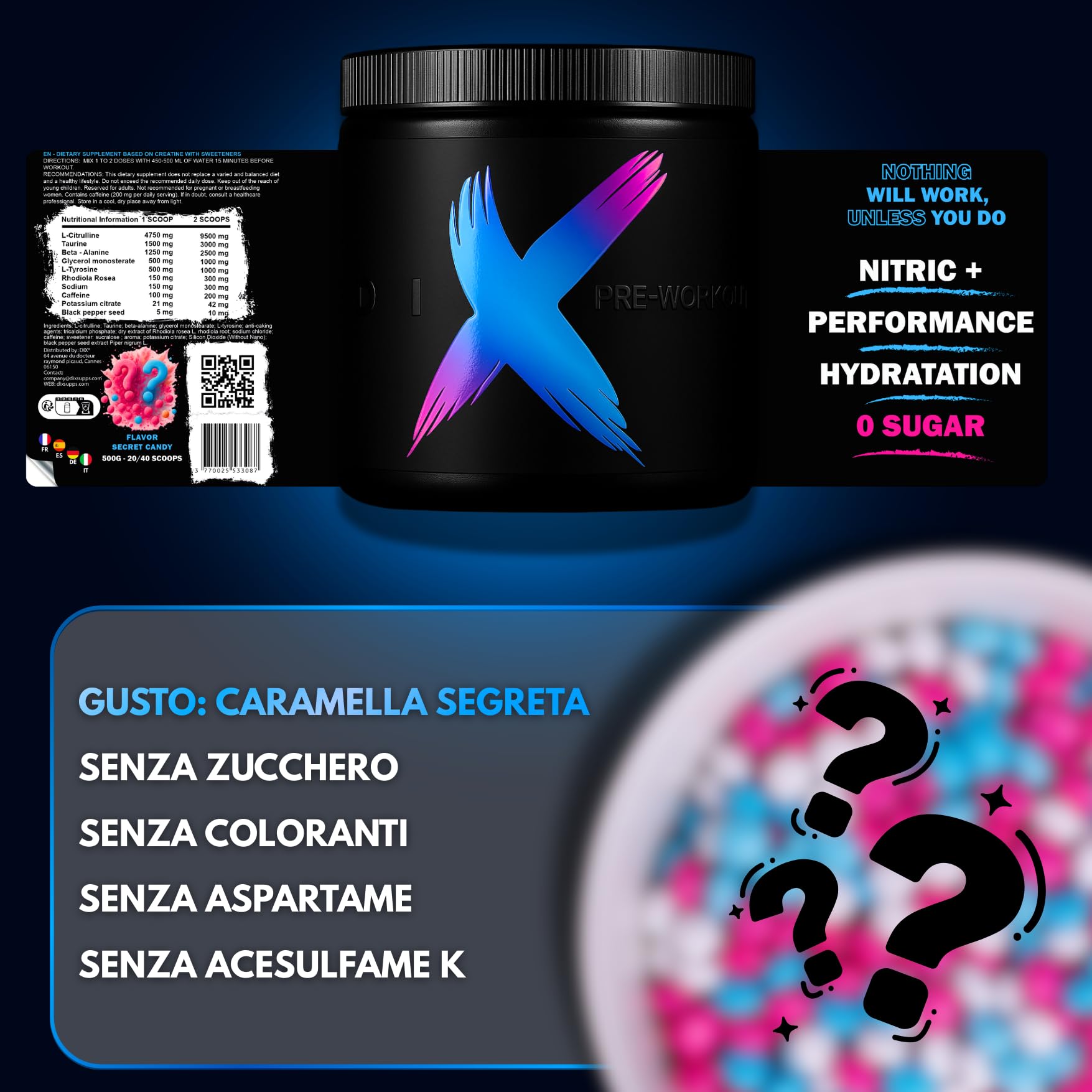DIX PRE-WORKOUT pro | Energia | Pump | Focus | Elettrolita | L-citrullina | Beta-alanina | L-tirosina | Rhodiala Rosea | acido mallico (SECRET CANDY)