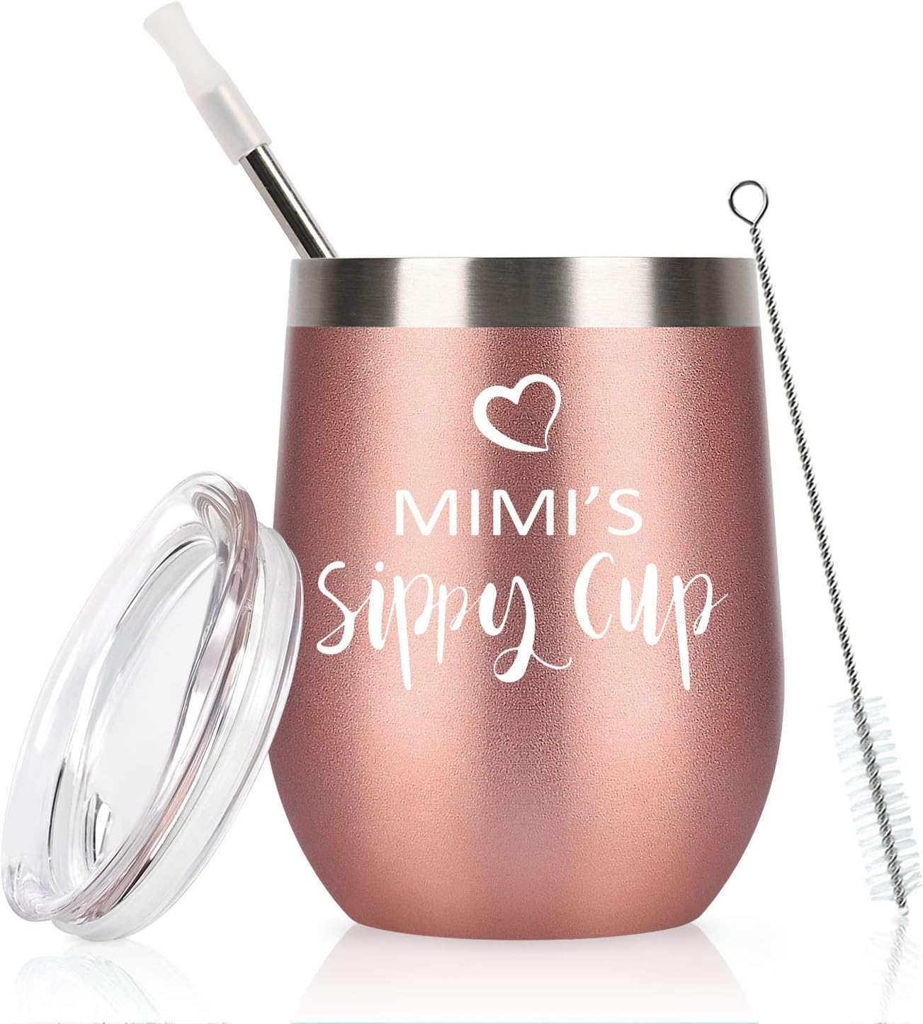 Mimi Gifts for Grandma, Mimi’s Sippy Cup Wine Tumbler with Lid and Straw, Funny Birthday Christmas Gifts for New Grandma, Mimi, Grandmother, Mom, 12 Oz Insulated Stainless Steel Tumbler, Rose Gold
