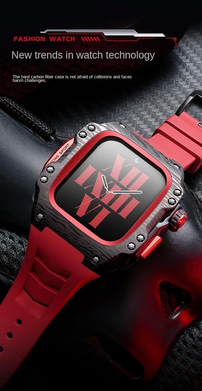 Rubber Strap Titanium Alloy Protective Case Kit，For Apple Watch 9 8 7 6 5 4 SE 44mm 45mm Modified Carbon Fiber Pattern Protective Case