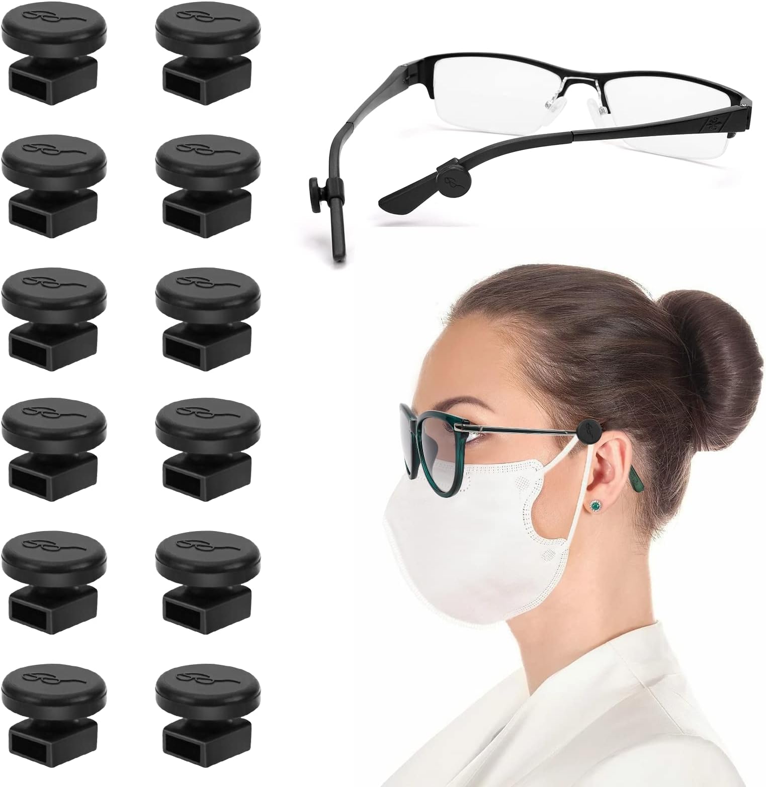 6 Pairs Adjustable Eyeglass Hooks for Mask Holders to Protect Ears, Comfort Silicone Ear Saver for Masks Glasses, Relieve Pressure & Mask Ear Pain Strap Extenders, Black