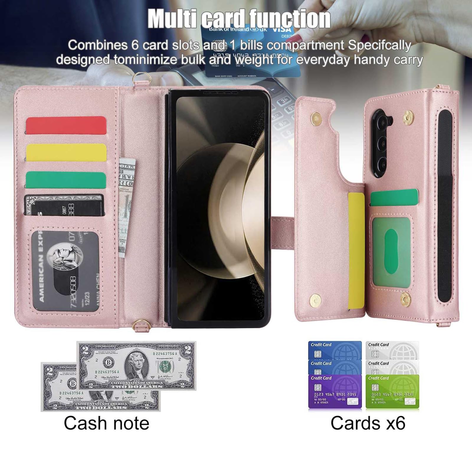 Skórzane etui do Samsunga Galaxy Z Fold 6, dwustronne etui z klapką, wielofunkcyjny modny portfel Etui na telefon komórkowy z 6 miejscami na karty i uchwytem na długopis S-Pen, różowy