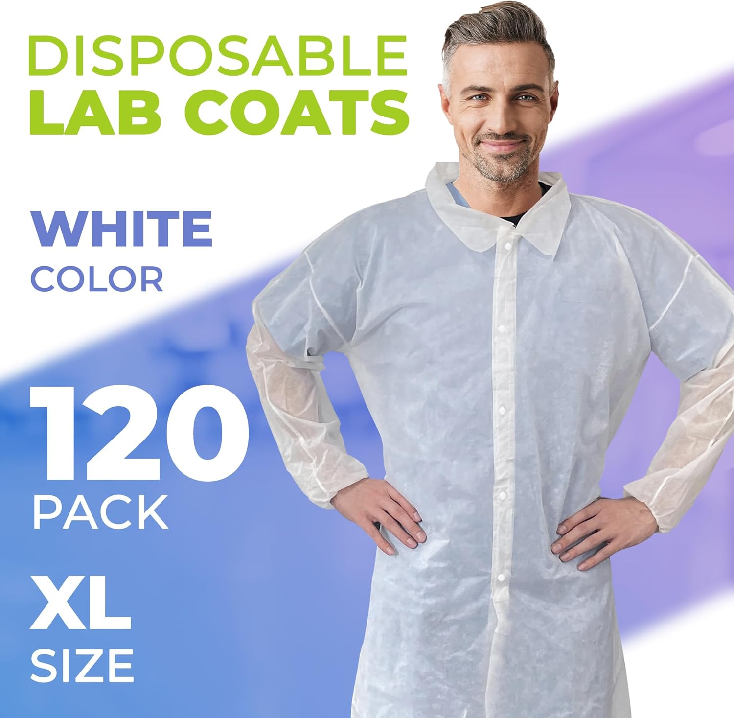 AMZ Medical Supply White Disposable Lab Coats for Adults, X-Large. Pack of 120 Unisex Disposable Lab Coat for Students. SMS 40 GSM Protective Coat with Elastic Wrists, 5 Snaps and No Pockets