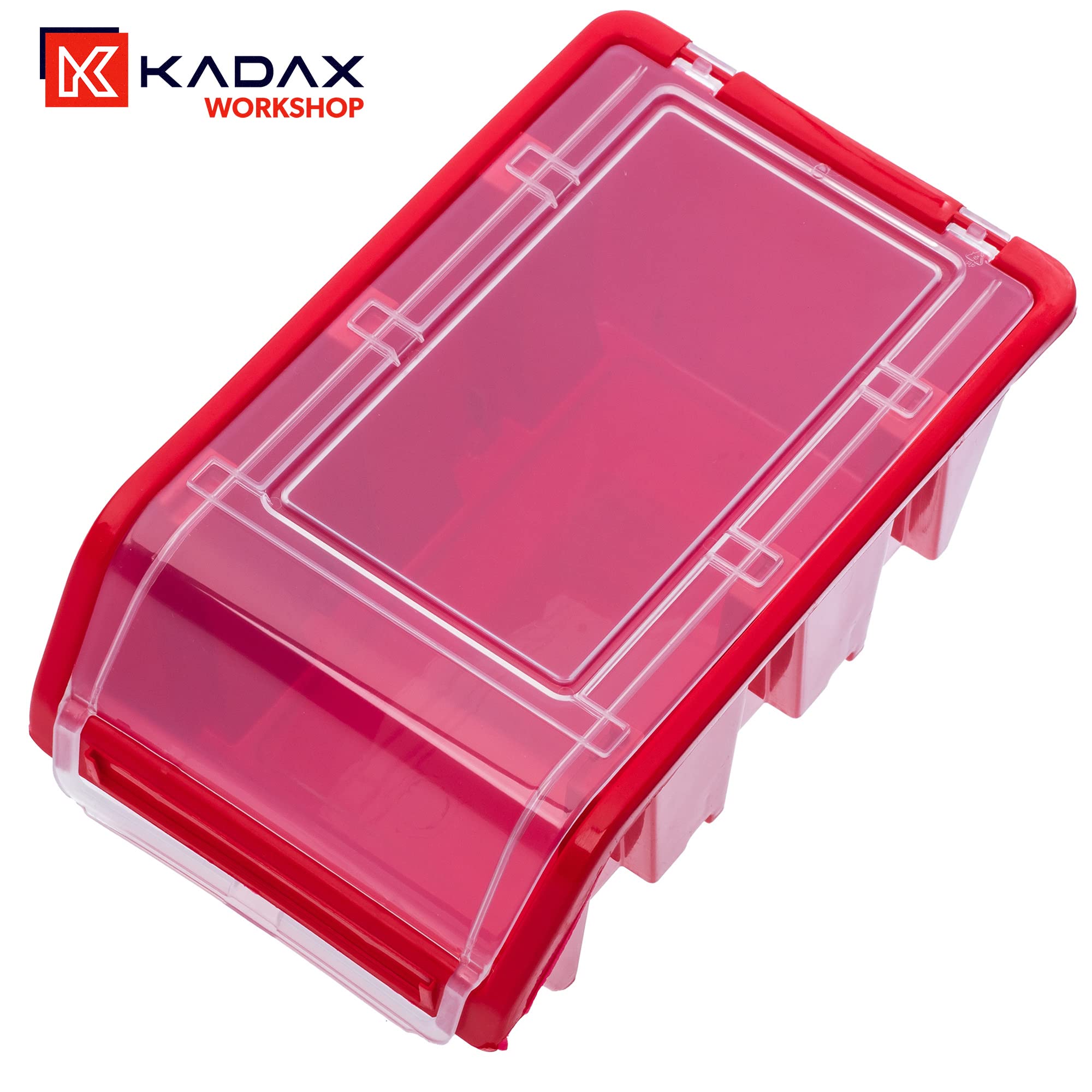 KADAX Caja apilable con tapa, caja de almacenamiento de plástico PP, en diferentes tamaños y colores, cajas de almacenamiento con solapa para pared de herramientas (rojo, 20 unidades - 195 x 120 mm)