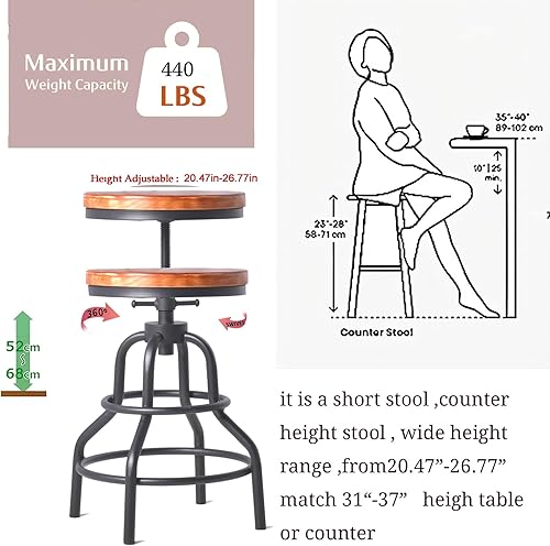 Miniatura 20 de Diwhy Taburete de mostrador industrial vintage, silla giratoria ajustable de altura de encimera de cocina, taburete con marco de metal, 20.47-26.77
