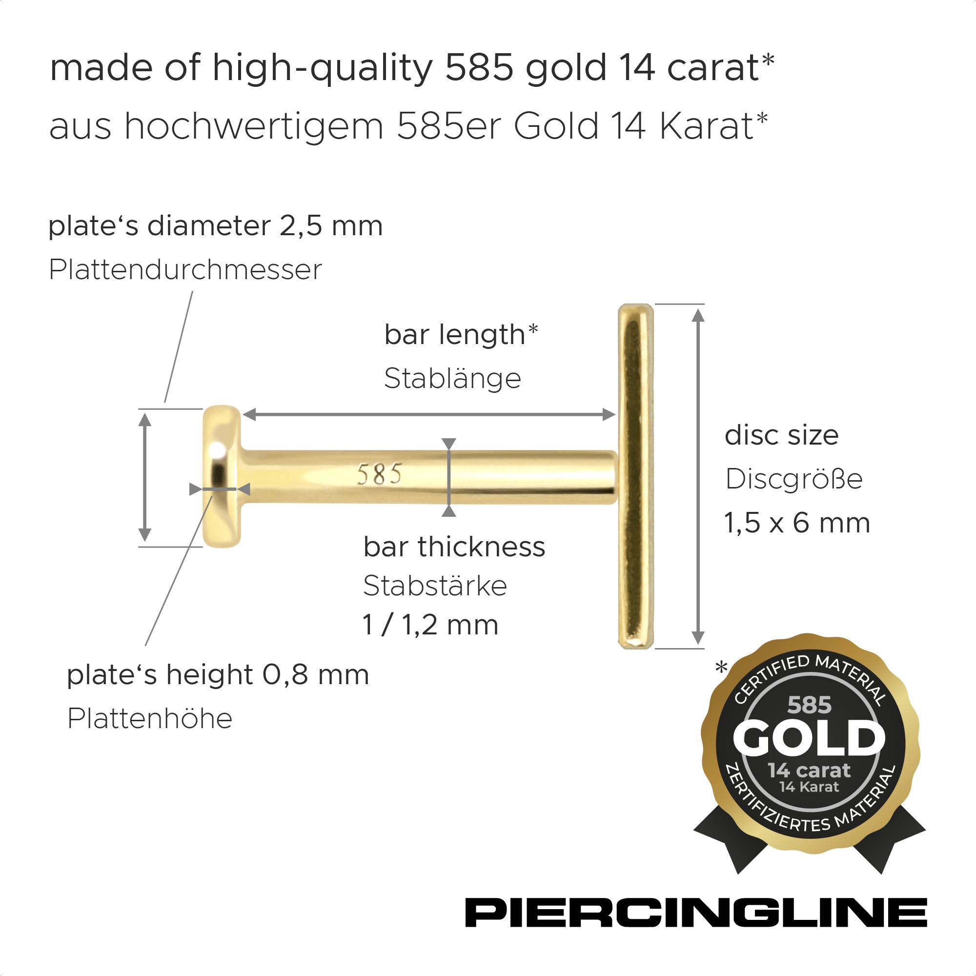 PIERCINGLINE Piercing de oro de 14 quilates con rosca interior, color y tamaño a elegir