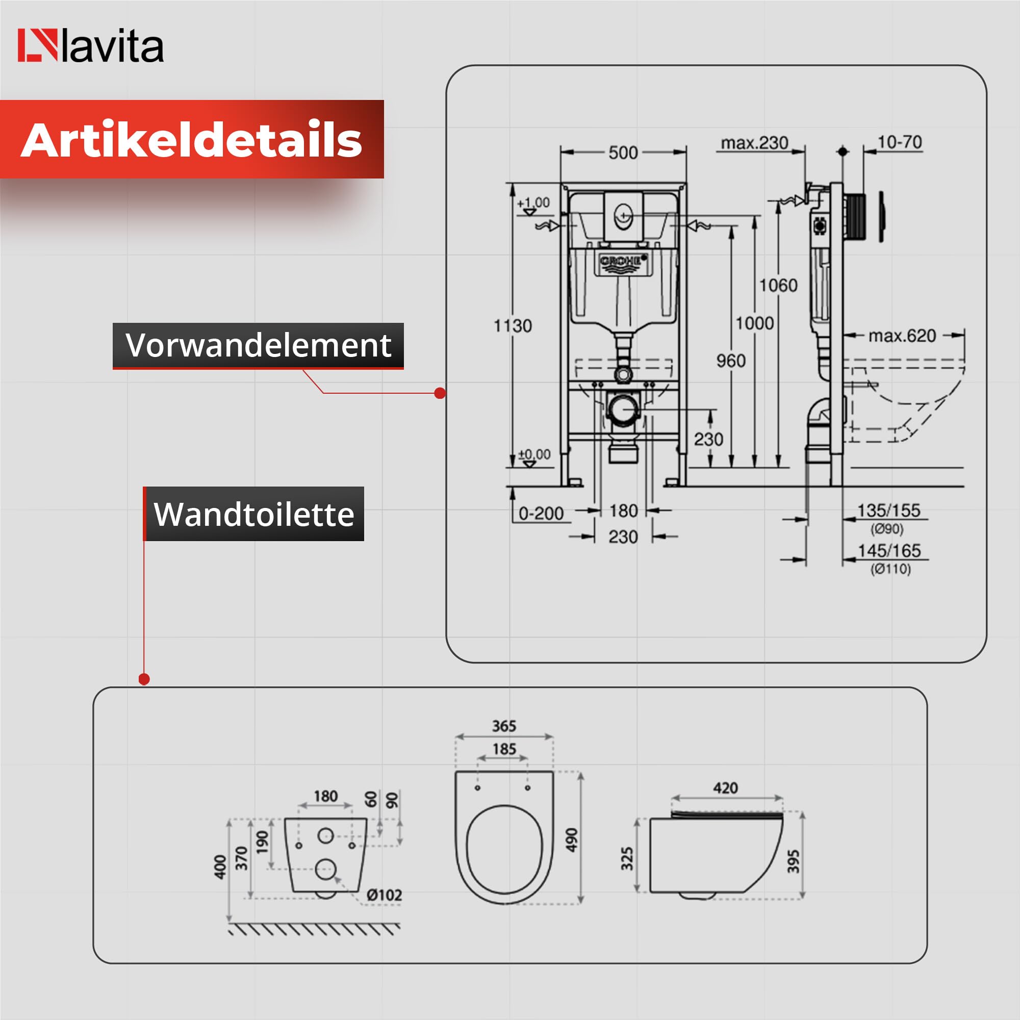 GROHE Vorwandelement Sinto Start + Wand Hänge WC Salto Schwarz Spülrandlos + + WC Sitz mit Absenkautomatik Verchromter Knopf Komplettset Unterputz Spülkasten Toilette Komplett Sett WC