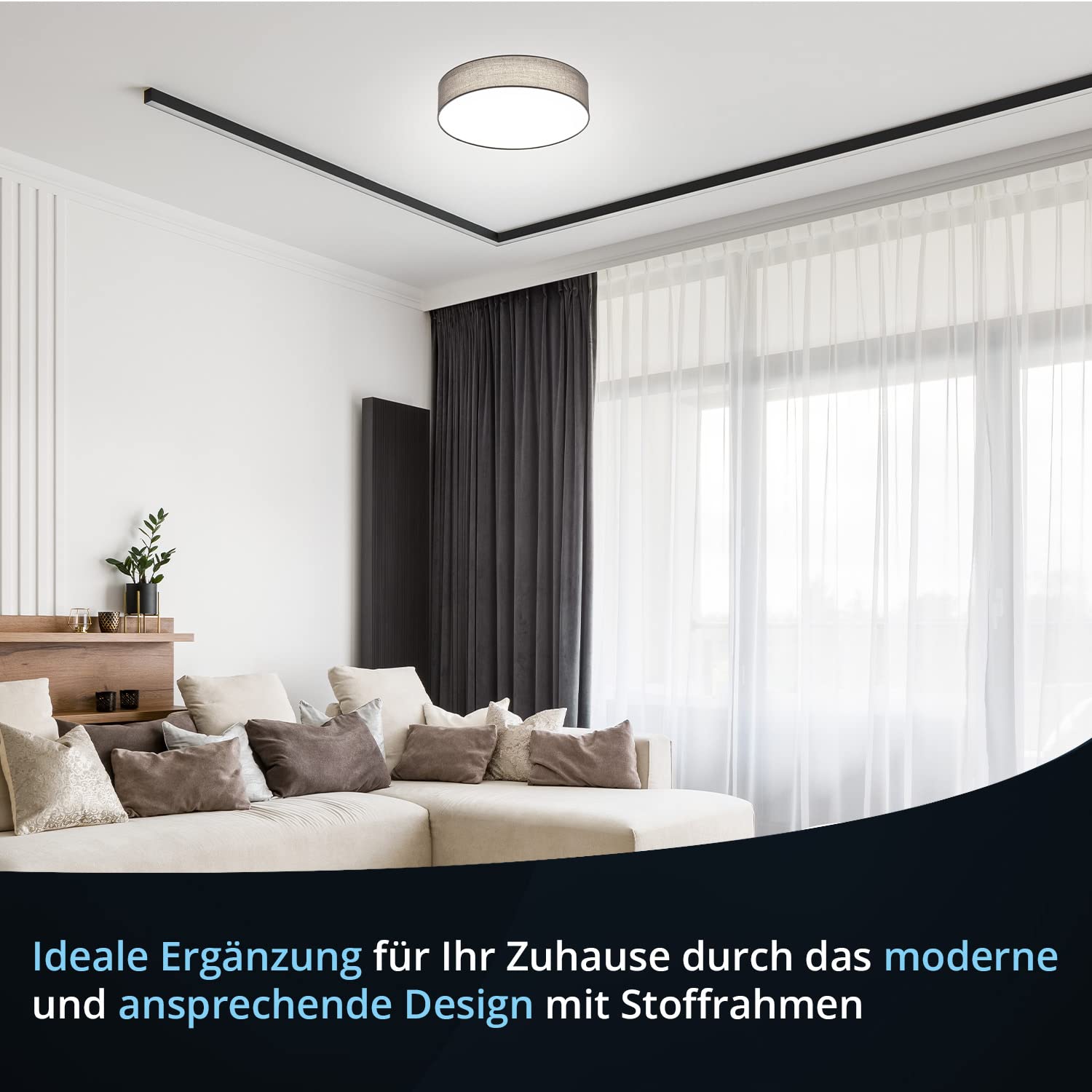 KHG LED-Deckenleuchte, dimmbar, Stoffschirm in grau, 1-flammig, Samt, FSC | Farbtemperatur 3.000 K, 2.080 lm Lichtleistung, 30 W Gesamtleistung, ideal für Wohnzimmer, Schlafzimmer, Küche und Büro