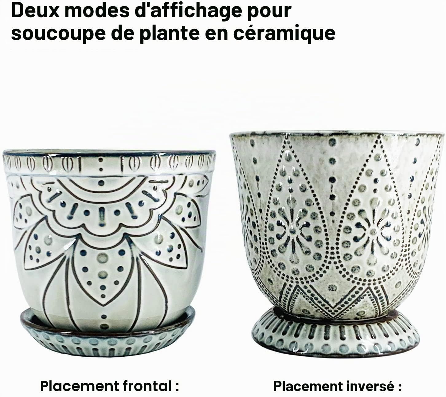 Lot de 2 pots de fleurs en céramique de 15 cm avec perles avec trou de drainage et soucoupe - Grand pot rond pour plantes succulentes d'intérieur et d'extérieur