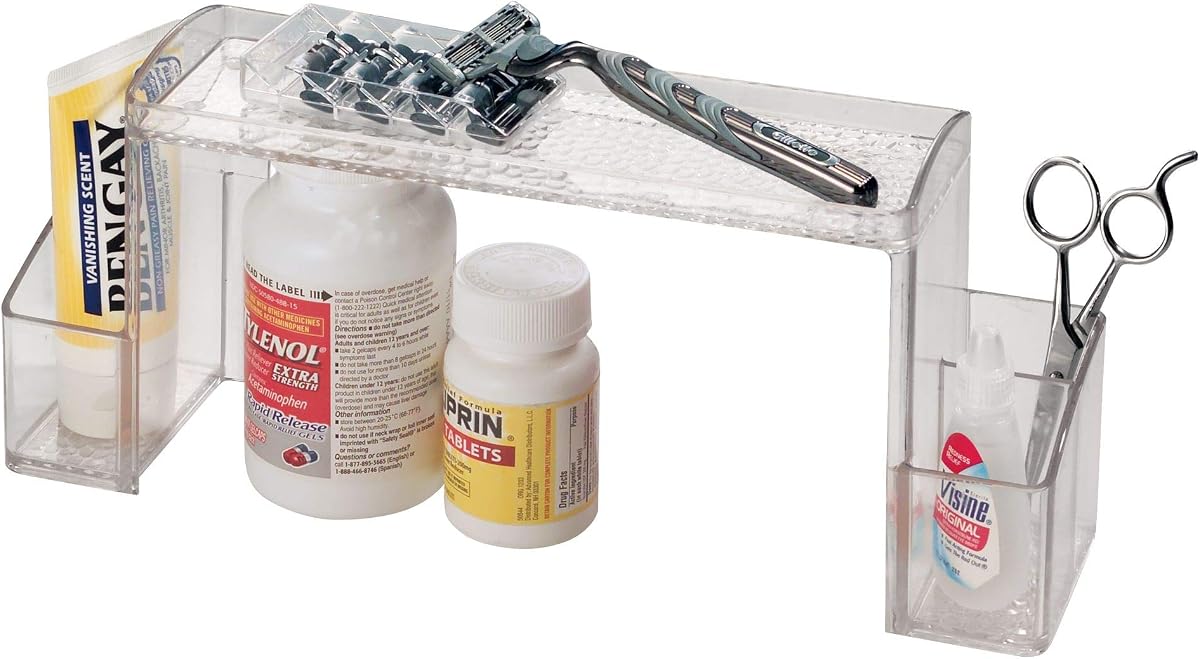 43130 Med+ Organizador de botiquín de baño de gran altura, de plástico, para tocador, recetas, cepillos de dientes, pasta de dientes, accesorios, cosméticos, artículos de tocador, 12" x 3" x 5,25", transparente