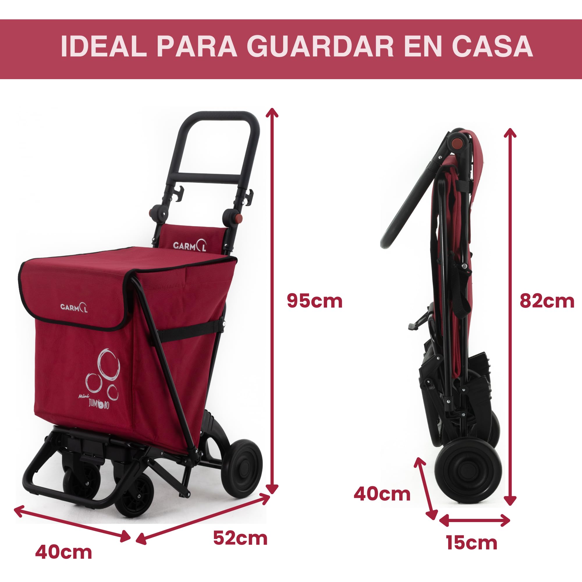 GARMOL Carro de la Compra Plegable 48 litros | Carro de la Compra 4 Ruedas Gran Capacidad | Carrito Compra 4 Ruedas Plegable Color Rojo