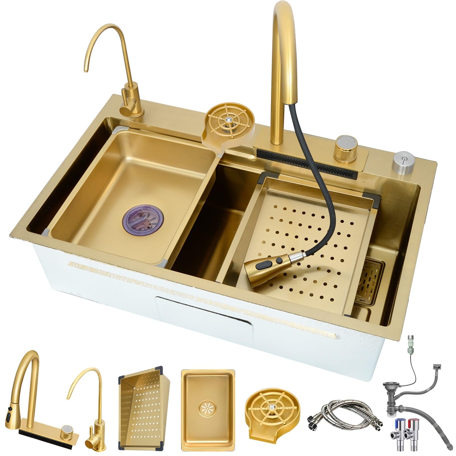 ZQFHSX Gold 1 One Bowl, Kitchen Waterfall Sink, 65X50CM Stainless Steel Sinks with Pull Out Faucet for Home Vegetable Basin & Dishwashing Sink(68x45cm)