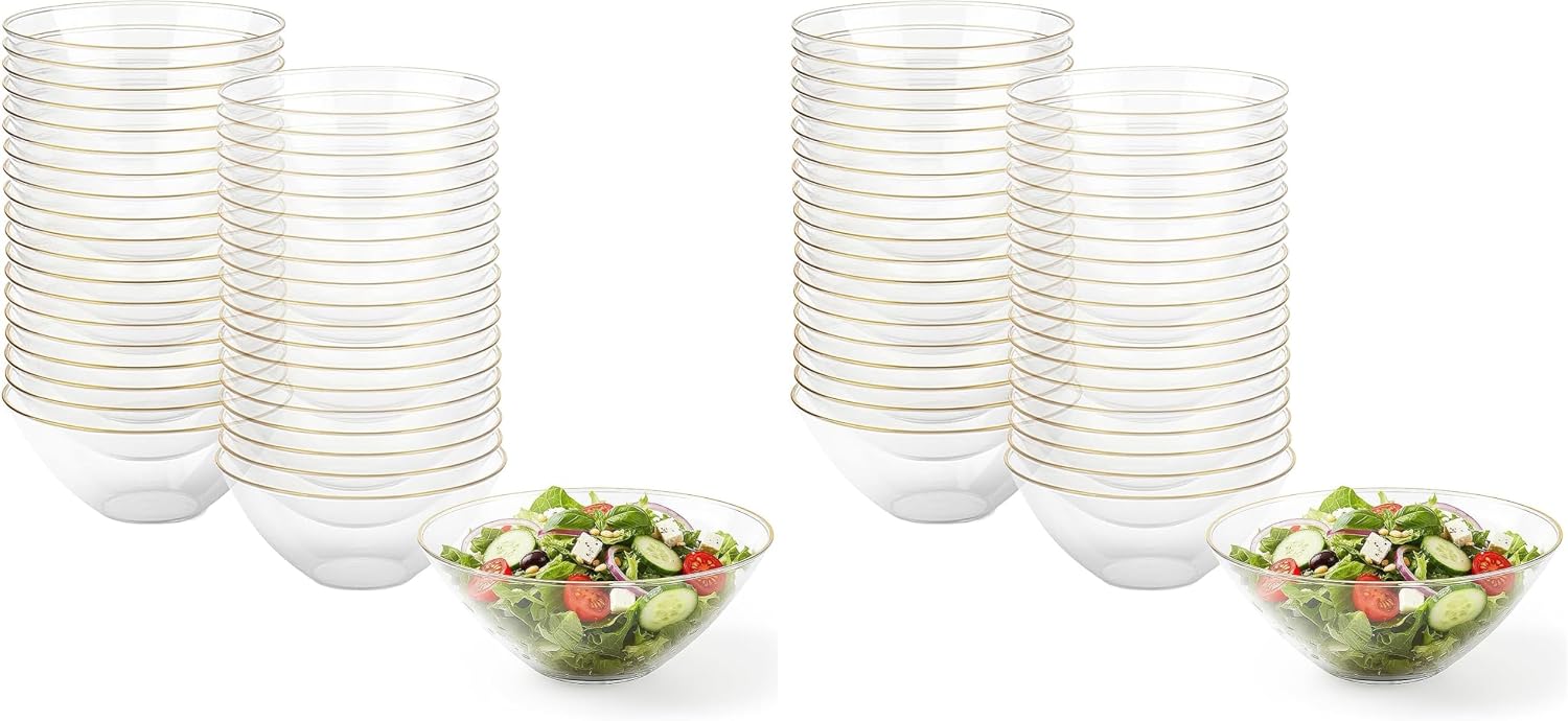 Blue Sky Organic Clear Gold-Rim Disposable Plastic Salad Bowls 1 Pc. - 58oz Premium Quality, Large and Stylish Party Tableware