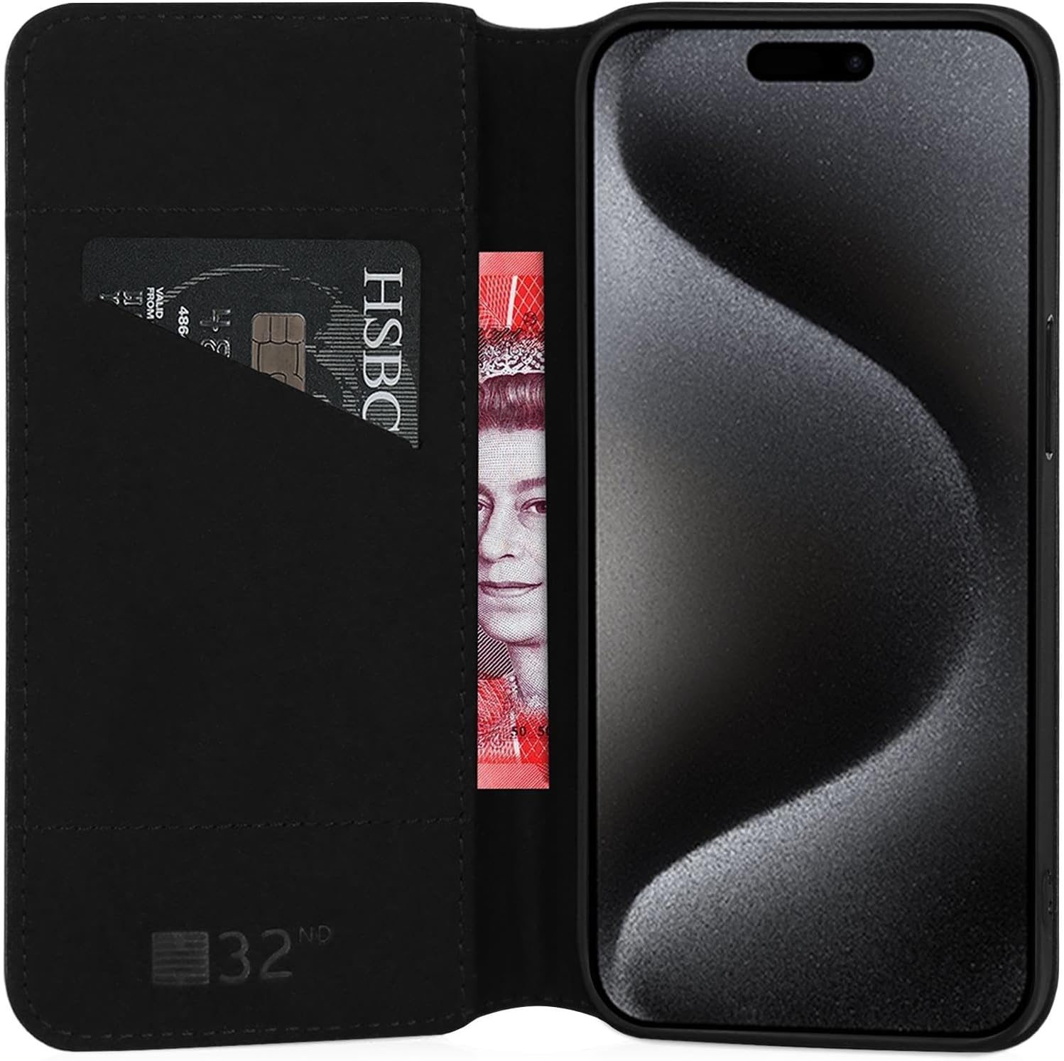 32nd Classic Series 2.0 - Real Leather Book Wallet Flip Case Cover for Apple iPhone 15 Pro (6.1"), with RFID Blocking Card Slot, Magnetic Closure and Built in Stand - Black