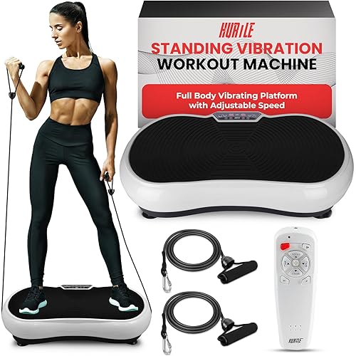 Hurtle Fitness Vibration Platform Machine - Home Gym Whole Body Shaker Exercise Machine Workout Trainer Fast Weight Loss w/Resistance Bands Easy Carry Wheel Remote Adjustable Speed
