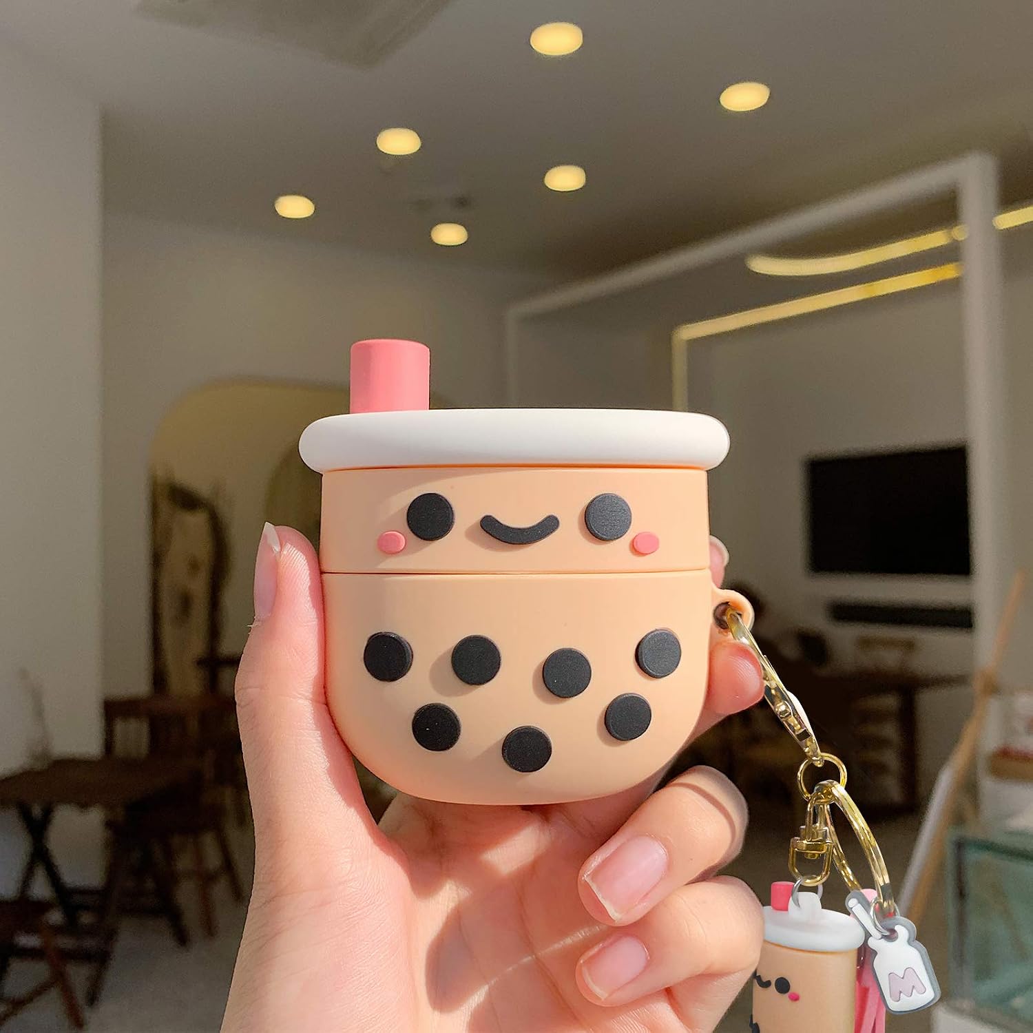 Newseego Compatible with Airpods Pro Case, [Cartoon Bubble Milk Tea Cup Design] Cute 3D Soft Silicone Pink Cover with Cute Keychain Shockproof Protective Headphones Case for Girls Women