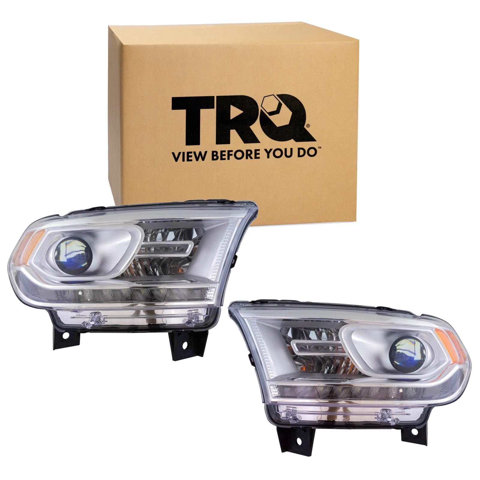 TRQ 2 Piece Headlight Assembly Set Halogen Chrome Bezel Driver &amp; Passenger Side Compatible with Dodge Durango 2014-2017 With LED Daytime Running Lights CH2502257 CH2503257 68184822AH 68184823AH
