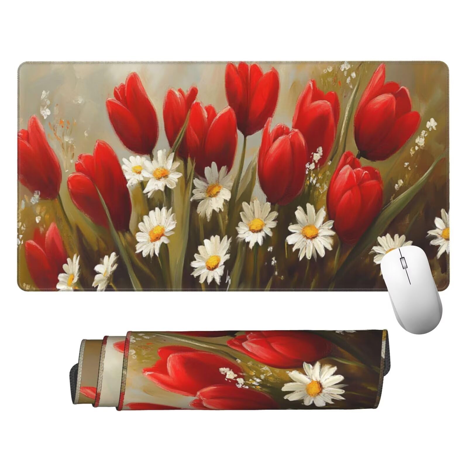 Czerwona podkładka pod mysz XXL tulipanowa mata na biurko 1600 x 800 x 3 mm zmywalna podkładka do gier na laptopa, z antypoślizgową gumową podstawą do gier, PC, pracowników biurowych Y829