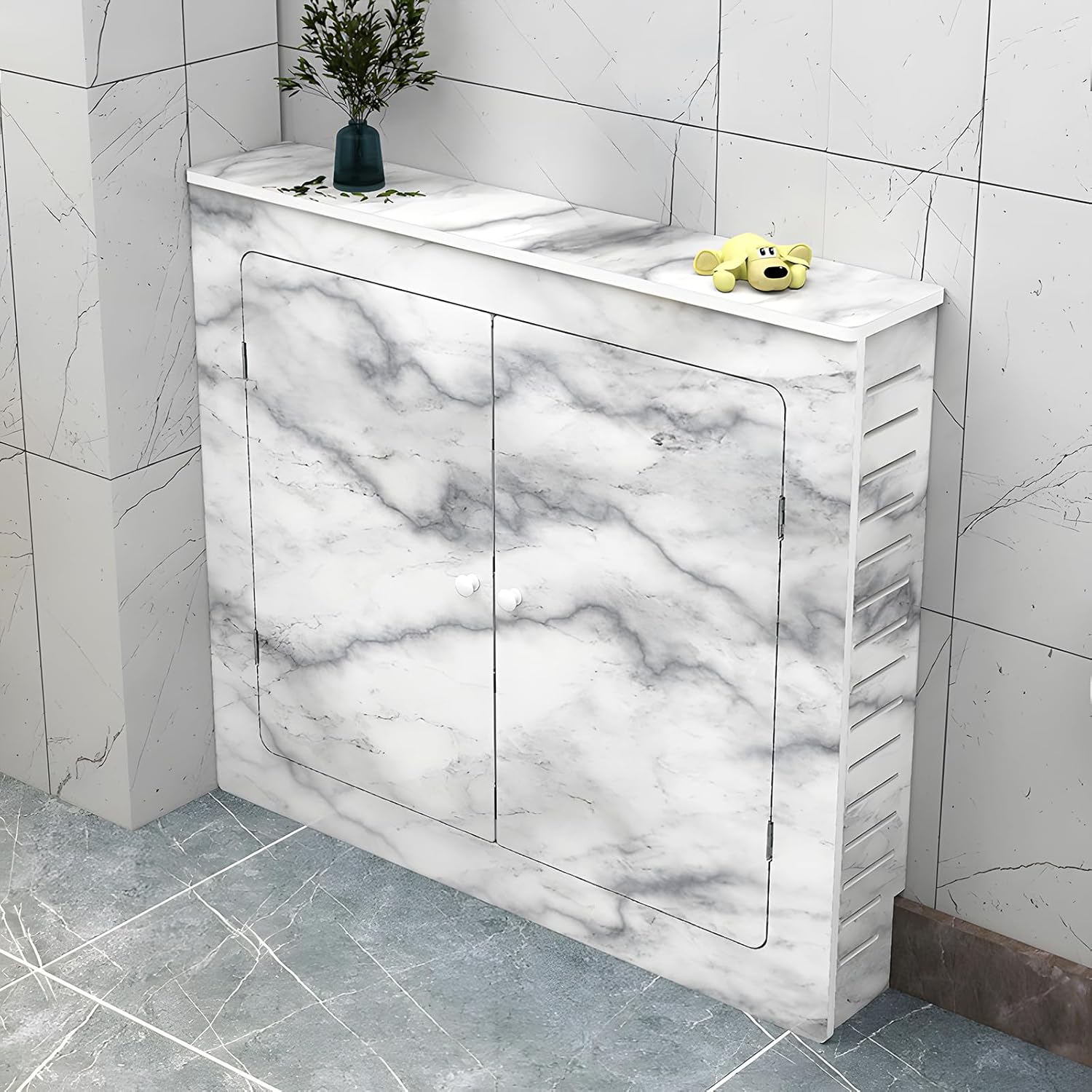 Marble Finish Radiator Cover, Radiator Covers for Home with Doors, Radiator Cover Shelf with 3 Sides, Waterproof, Flame Retardant, Heater Covers for Radiators for Living Room Bedroom Bathroom