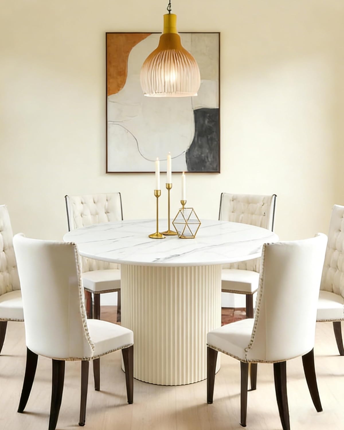 35.4" Round Dining Table with Marble Top and Metal Base | White Circle Modern Pedestal Tables Dining Set for Kitchen, Dining Room, or Apartment