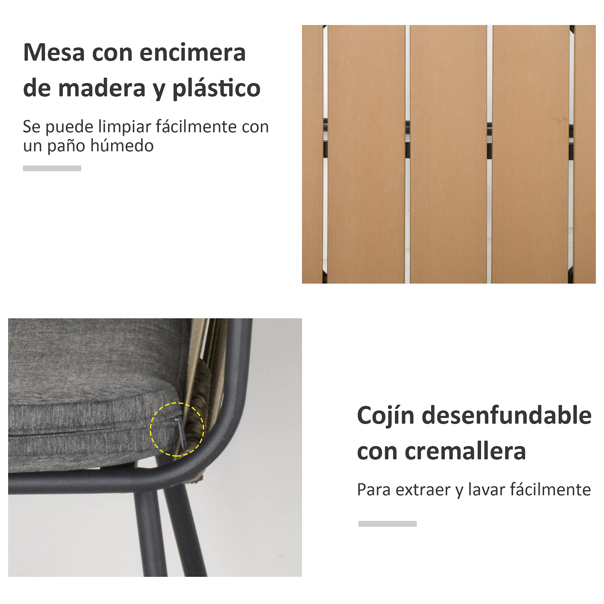 Outsunny Conjunto de Muebles de Jardín Juego de 3 Piezas Muebles de Ratán 1 Mesa Redonda y 2 Sillas Butaca con Cojines Acolchados para Balcón Terraza Acero Caqui y Gris