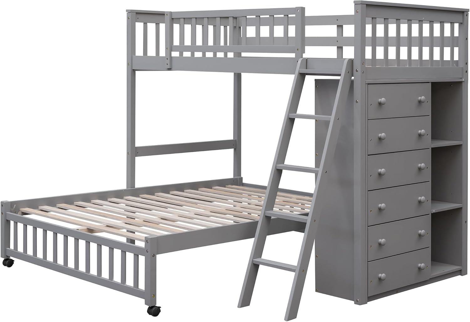 P PURLOVE Twin Over Full Bunk Bed with 6 Storage Drawers, Adjustable Shelf and Ladder, Bunk Bed Frame with Wooden Slat Support and Removable Bottom Bed, No Box Spring Needed (Gray)