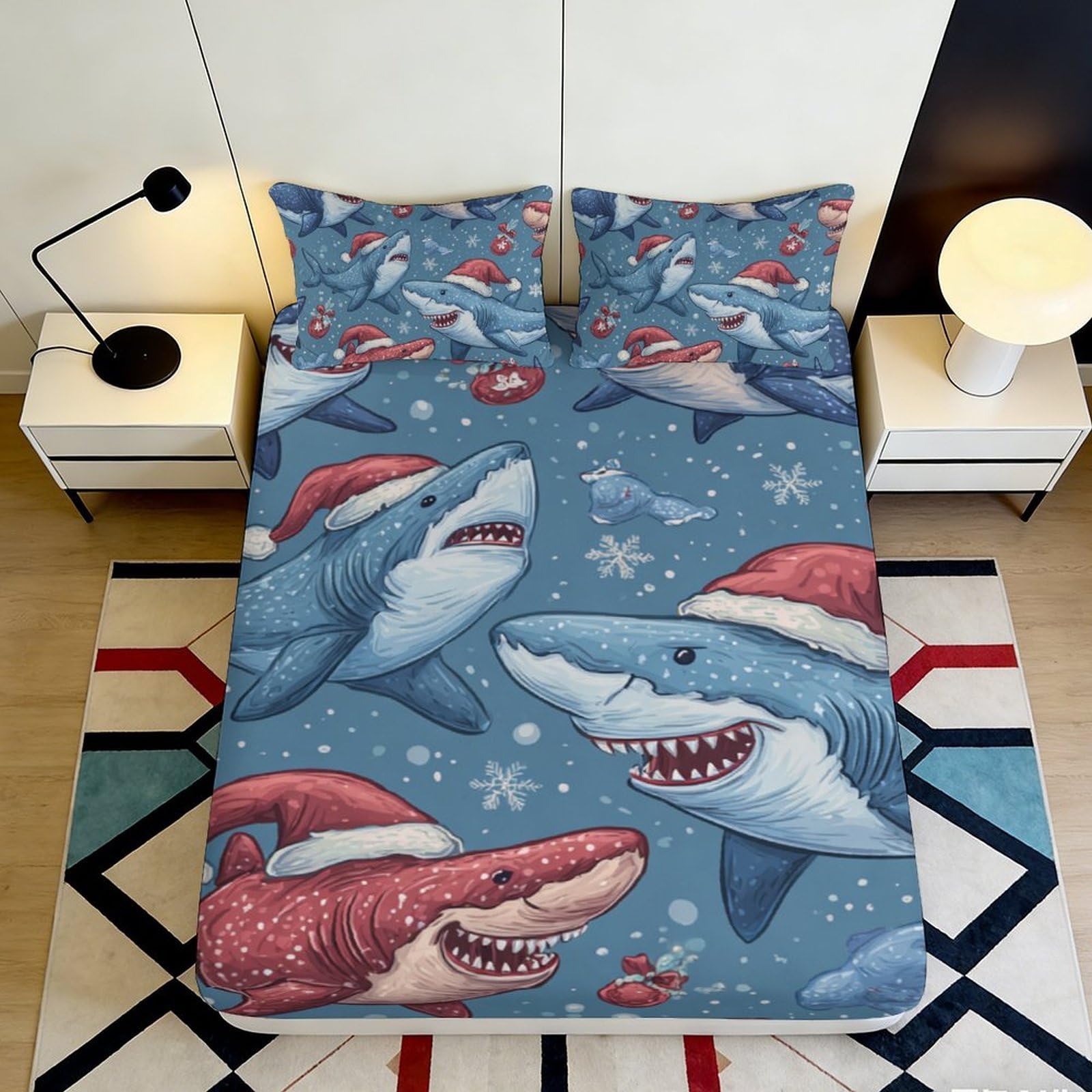 3D Printed Christmas Shark Fitted Sheet Microfiber Soft Blue Cartoon Santa Mattress Cover for Bedroom Home Decor 90x200x25cm