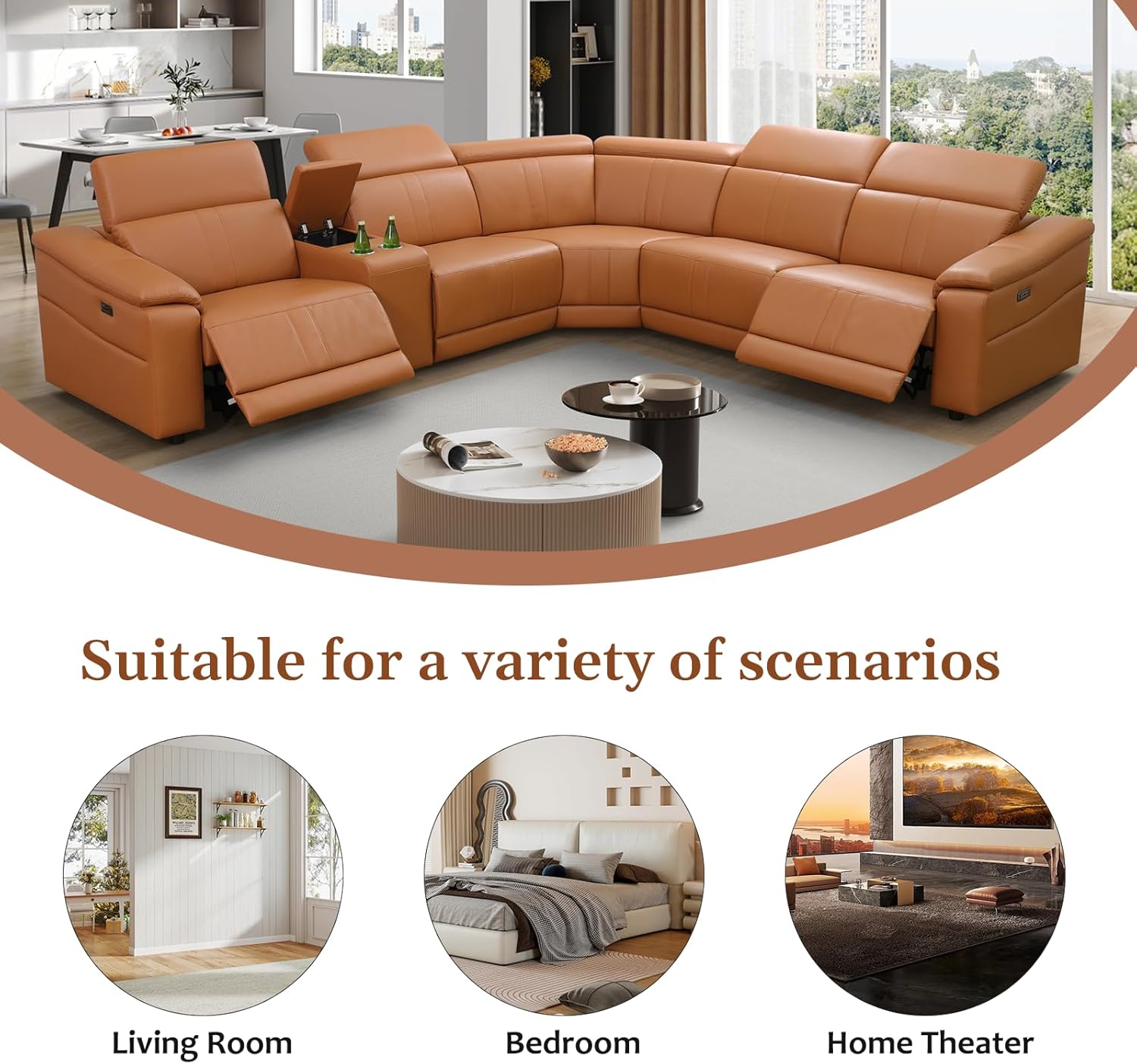 Power Recliner Sectional Sofa Set for Living Room, 6 Seats L-Shaped Leather Reclining Couch Furniture Set with Cup Holder, Storage Console, USB Ports (Brown, Sectional)