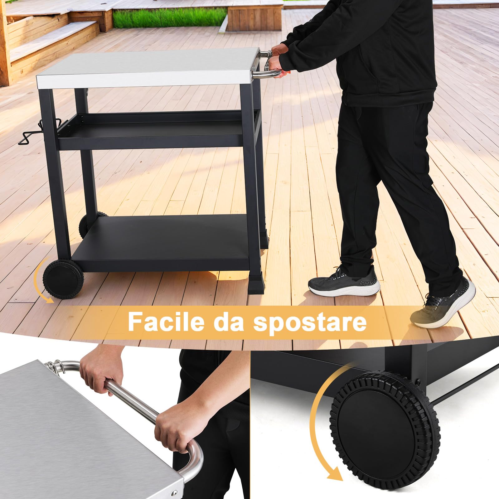 LIFERUN Acciaio Inox Carrello Barbecue 3 Ripiani, Tavolo BBQ Cucina Esterna | Carrello Cucina Esterna con 2 Ruote Ganci, Carrello di Servizio Cucina Esterni da Multiuso, per Casa Cortile Patio e Giardino