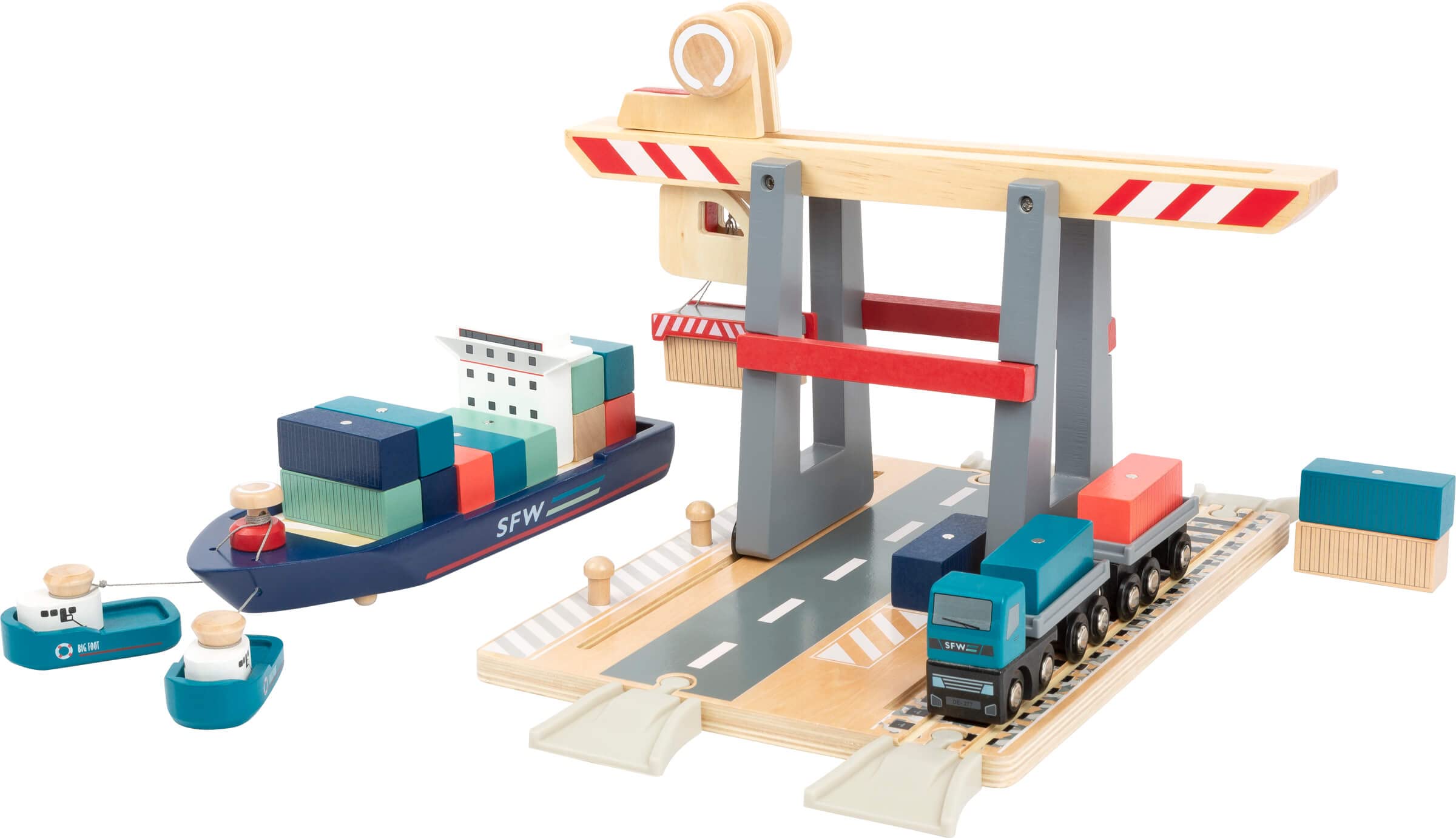 Small Foot Company- Terminal, Madera, con Puente móvil, Barco y contenedores, a Partir de 3 años de Edad Juguetes, Multicolor (11378)