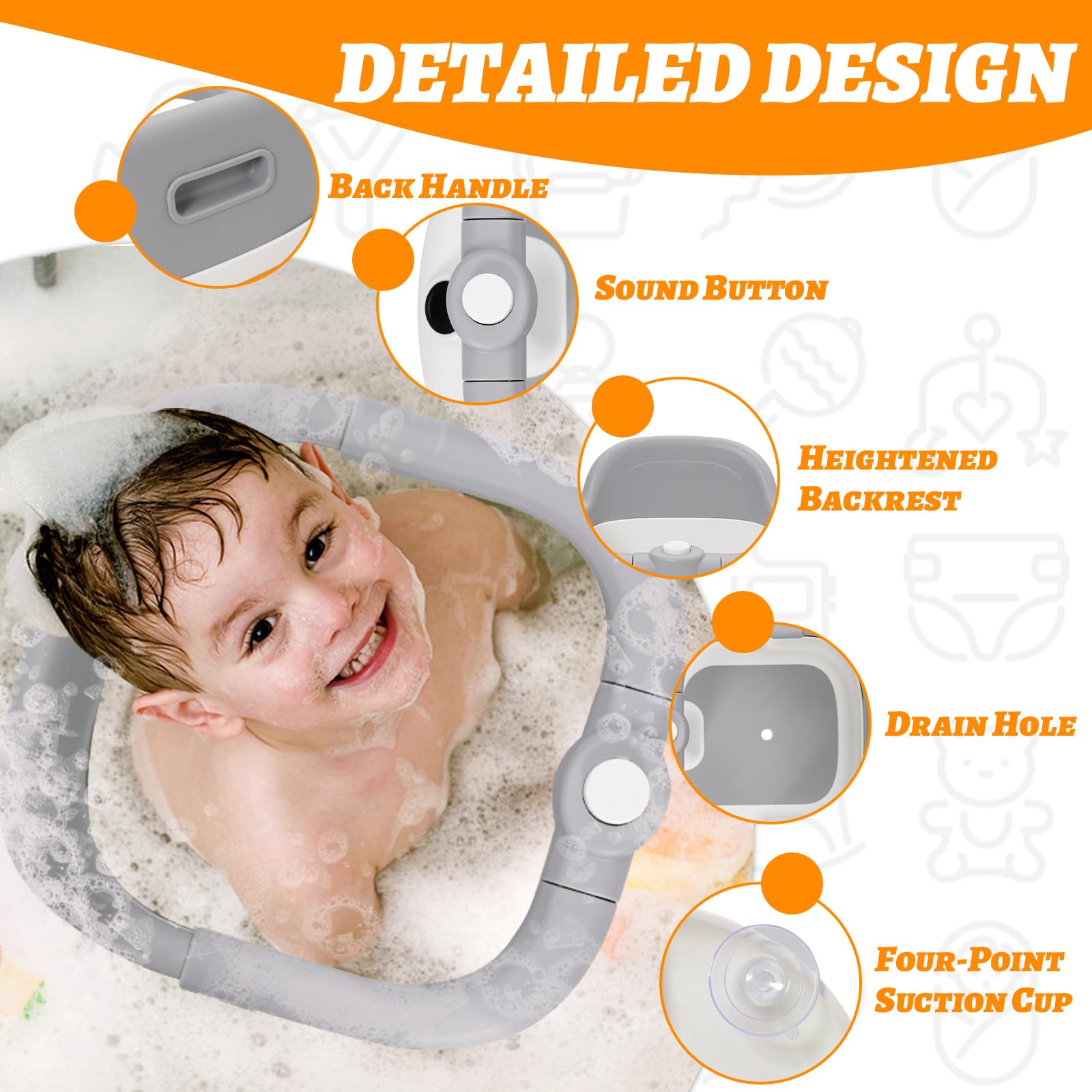 Siege de Bain pour Bebe de 6 Mois et Plus, Anneau de Bain Bébé avec 4 Ventouses Puissantes,Antidérapante, Installation Facile,Portable,Transat de Bain de 6 à 24 Mois,pour Douche ou Baignoire(Gris)