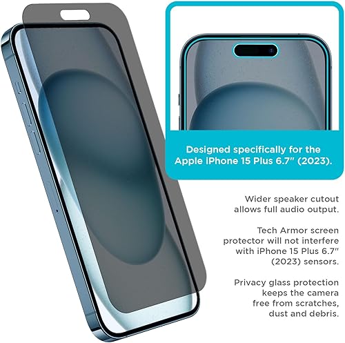 Miniatura 4 de Tech Armor Protector de pantalla de privacidad para iPhone 15 Plus de 6.7 pulgadas, vidrio templado balístico, antiespía, compatible con fundas,