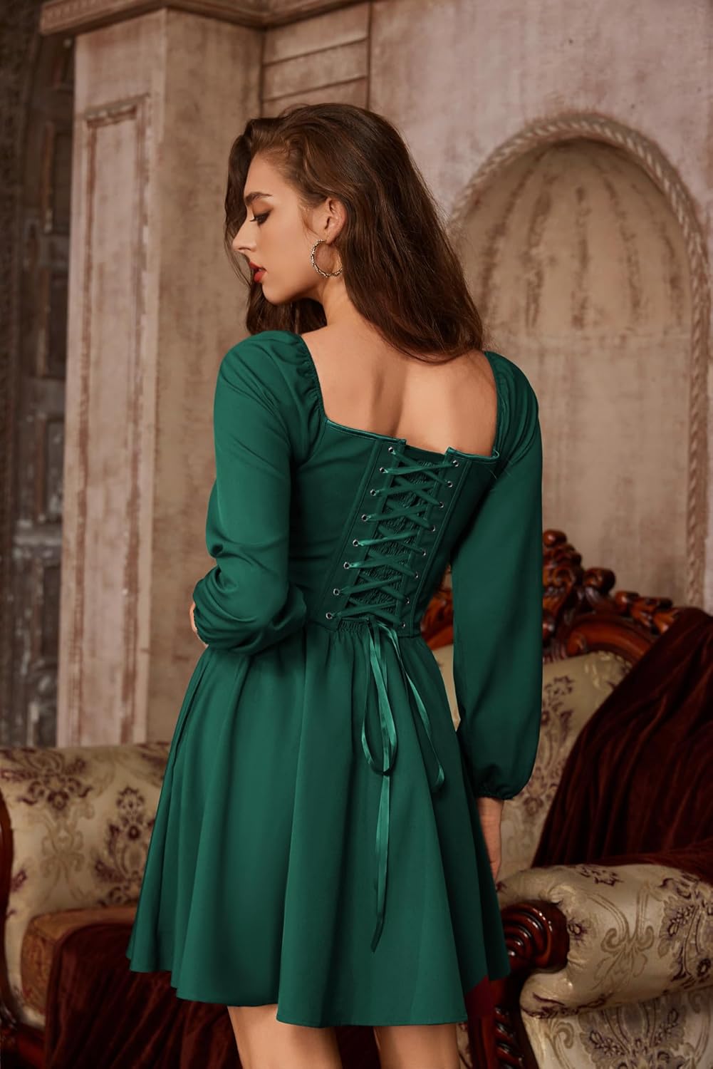 Scarlet Darkness Fall Long Sleeve Mini Dress Fishbone Renaissance Corset Dress - Image 4