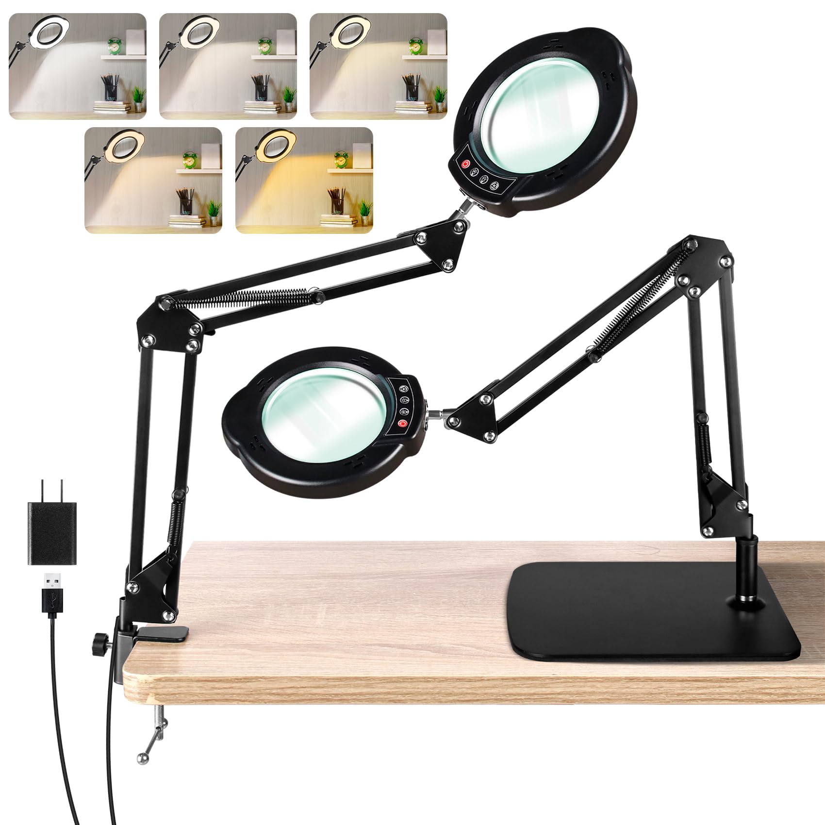 10X Magnifying Glass with Light and Stand LED Desk Lamp with Base and Clamp 5 Color Mode 10