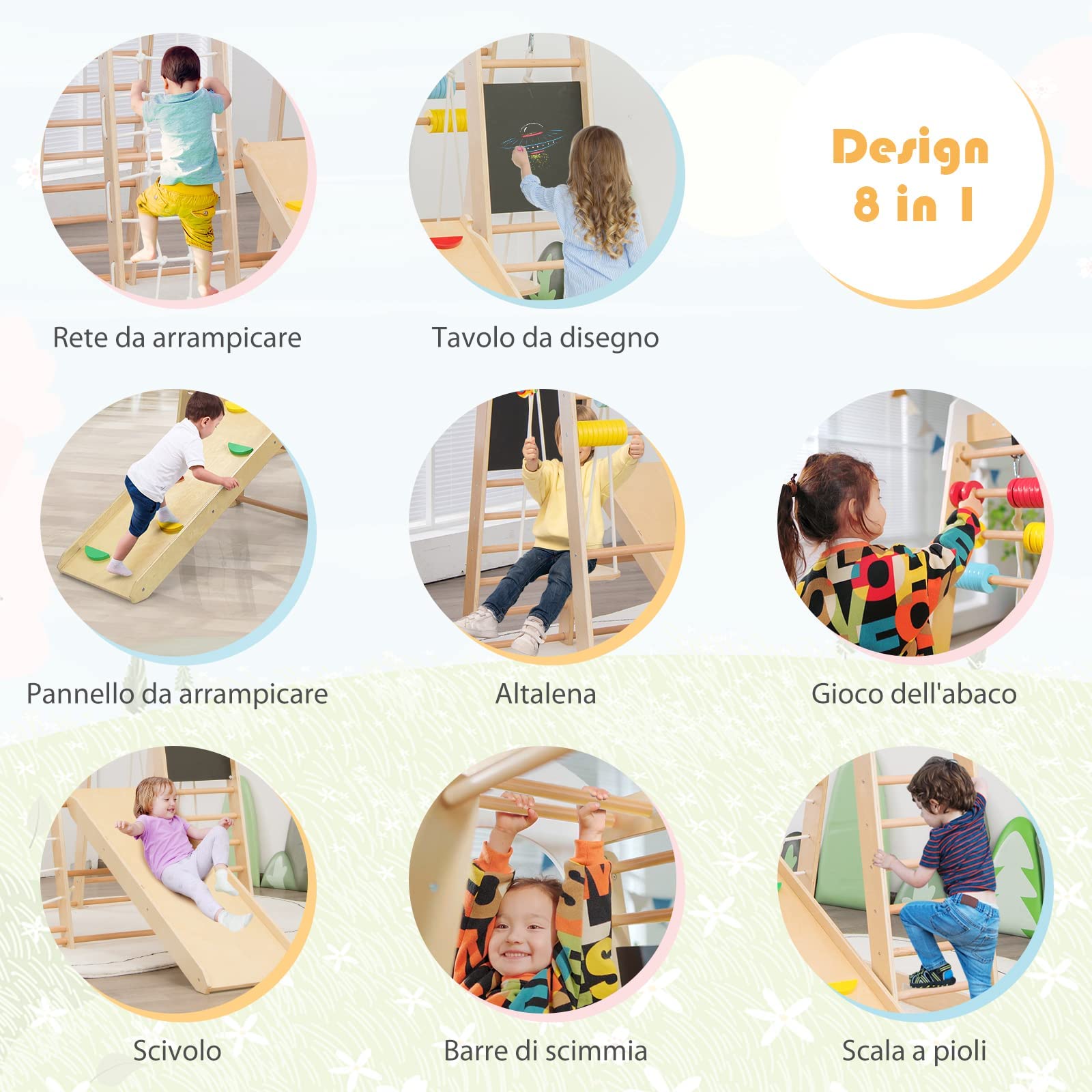 RELAX4LIFE 8 in 1 Triangolo da Arrampicata Multifunzione, Parco Giochi in legno Massello con Scivolo, Altalena e Lavagna, Uso Interno, per Bambini 1 a 5 anni (Modello 3 Colorato)