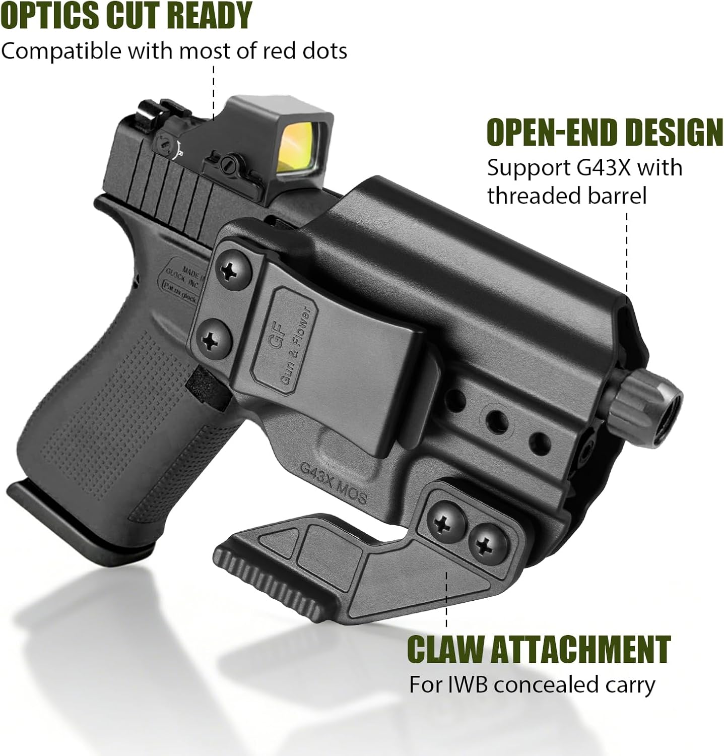 GUN & FLOWER IWB Holster with Claw - Fit for Glock 43 / 43X / 43X MOS & PSA Dagger Micro & Glock 48/48 MOS - Optic Cut - Inside Waistband Carry - Adj. Cant & Retention - Fits 1.5" Belts - Right Hand