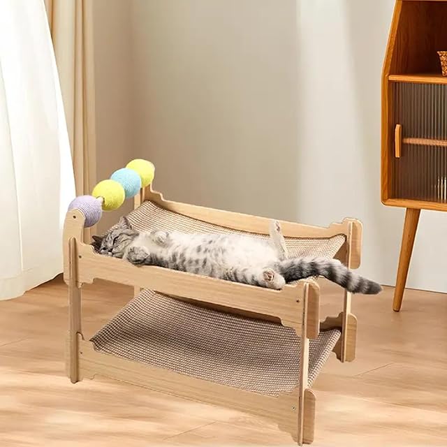 Foto 2 de 8 de Torre de doble capa para gatos con poste de sisal, estructura de madera, cama de descanso para uso doméstico