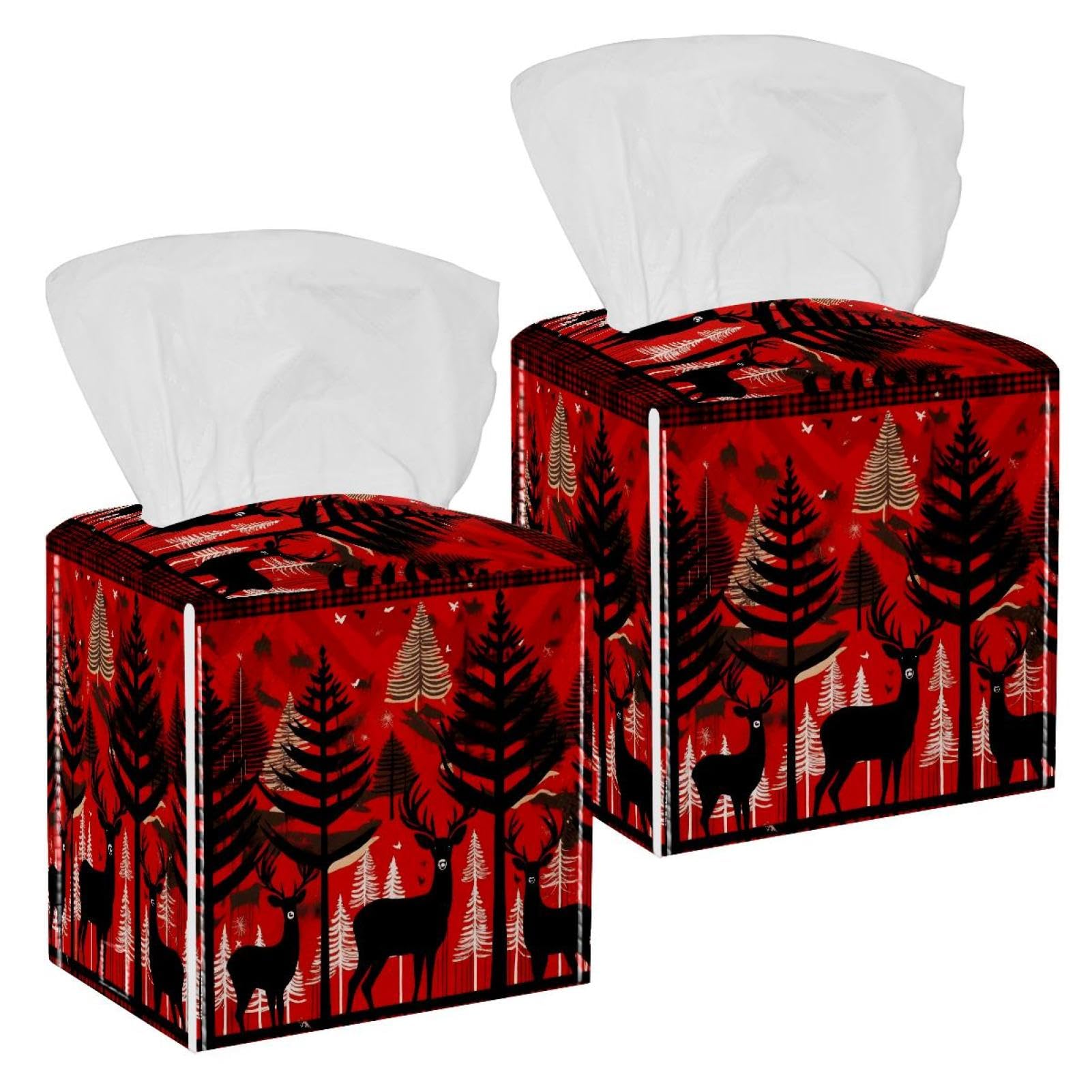 Deer and Trees Tissue Box Cover, 2 Pack PU Leather Square Facial Tissue Dispenser Box holder for Home Office Car