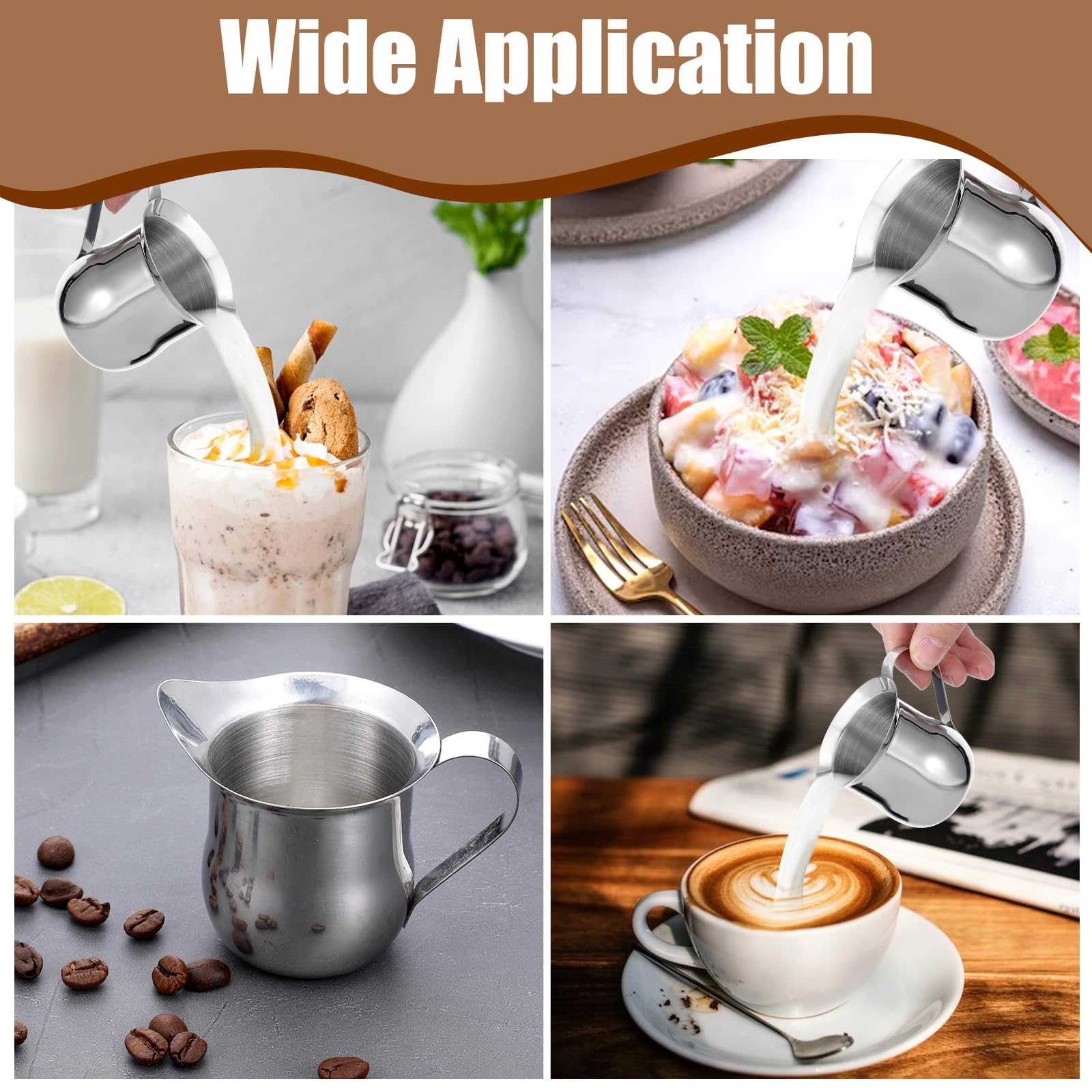 Paquete de 8 jarras para crema de 3 onzas, cremas de campana de acero inoxidable, mini dispensador de crema con boquilla de vertido para servir leche, crema de café, jarabe de arce, máquina de